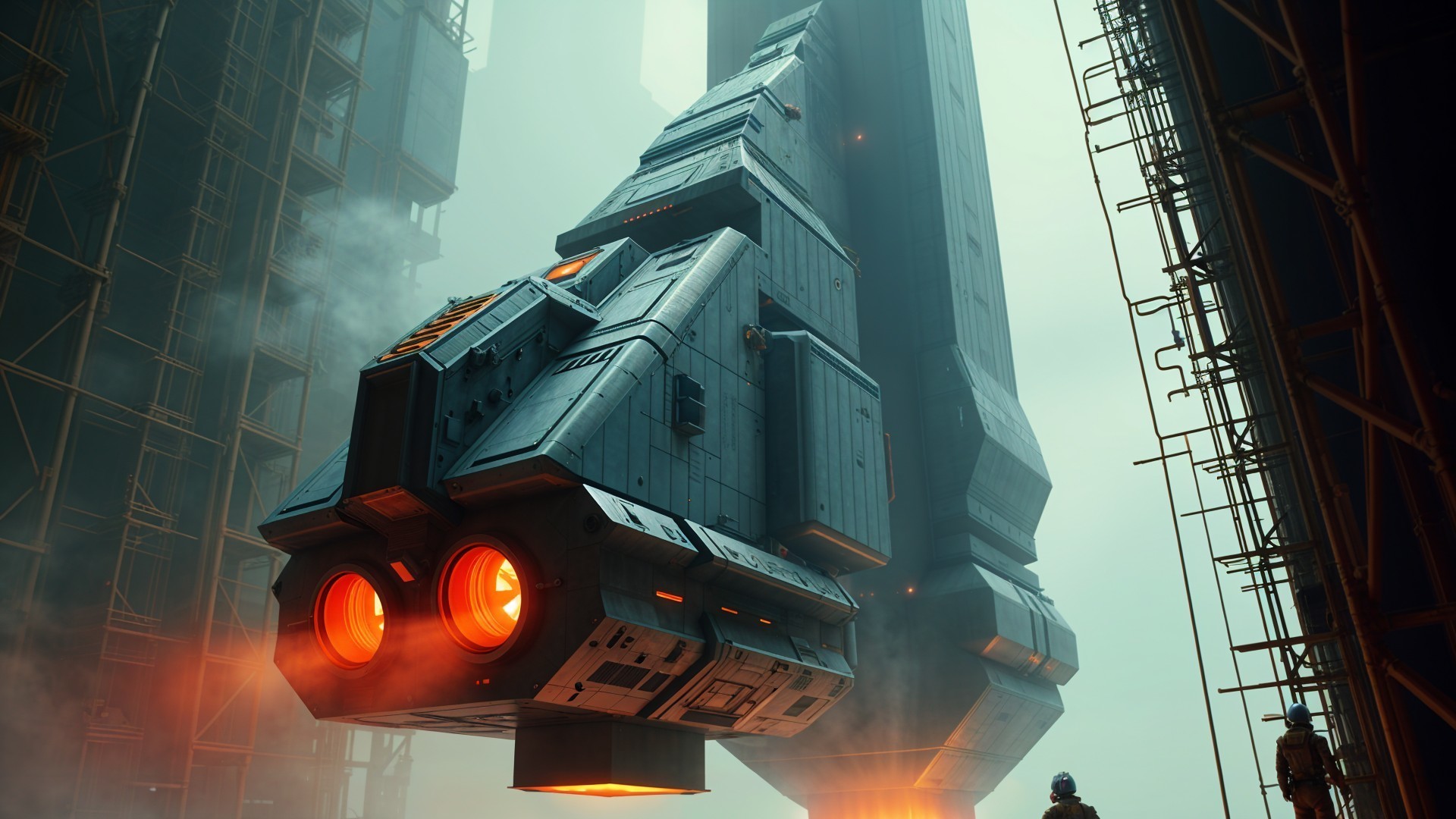 Futuristic spacecraft in high-tech hangar setting