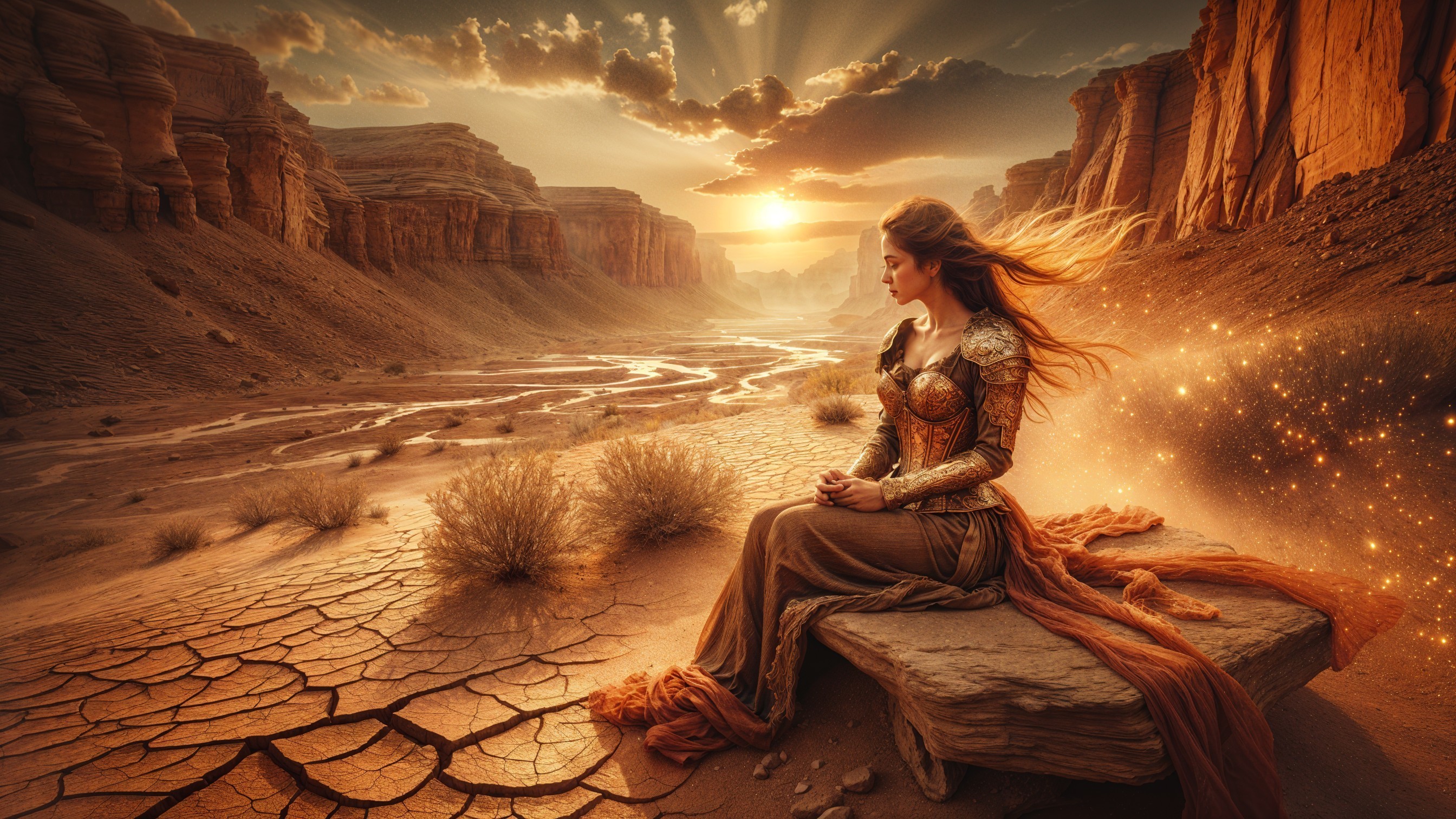 Desert Sunset with Woman in Ornate Armor on Rock
