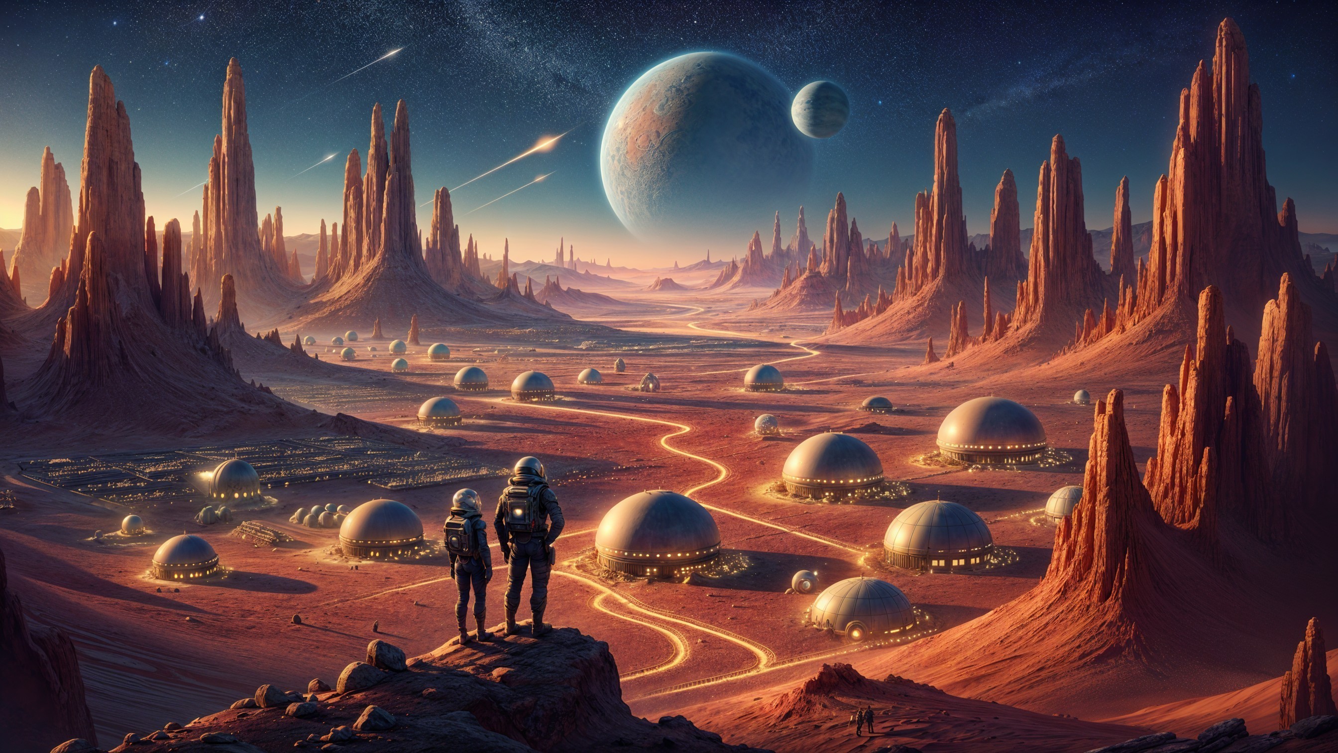 Extraterrestrial Landscape with Astronauts and Settlement