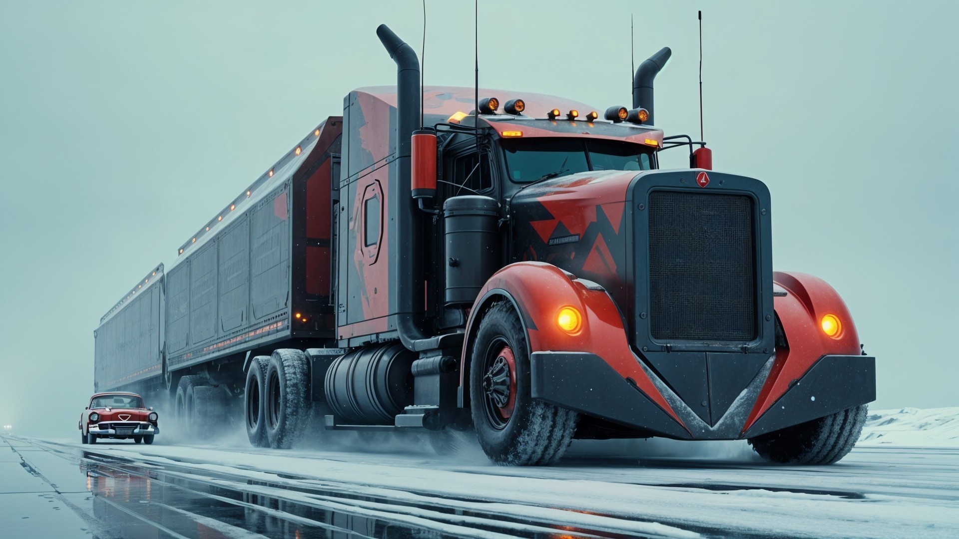 Red and Black Semi-Truck on Snowy Road Scene