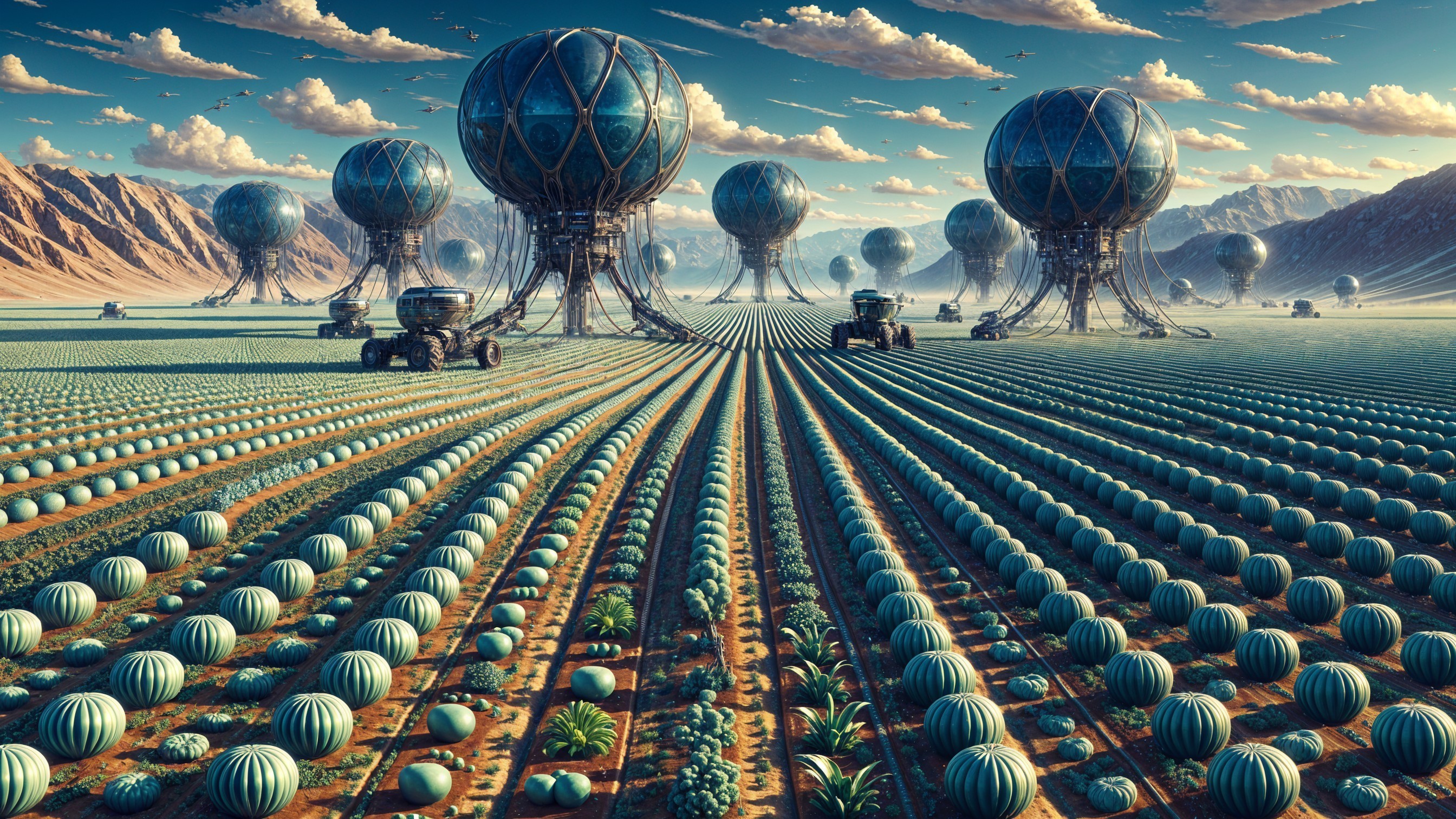 Surreal Landscape with Balloon Structures and Crops