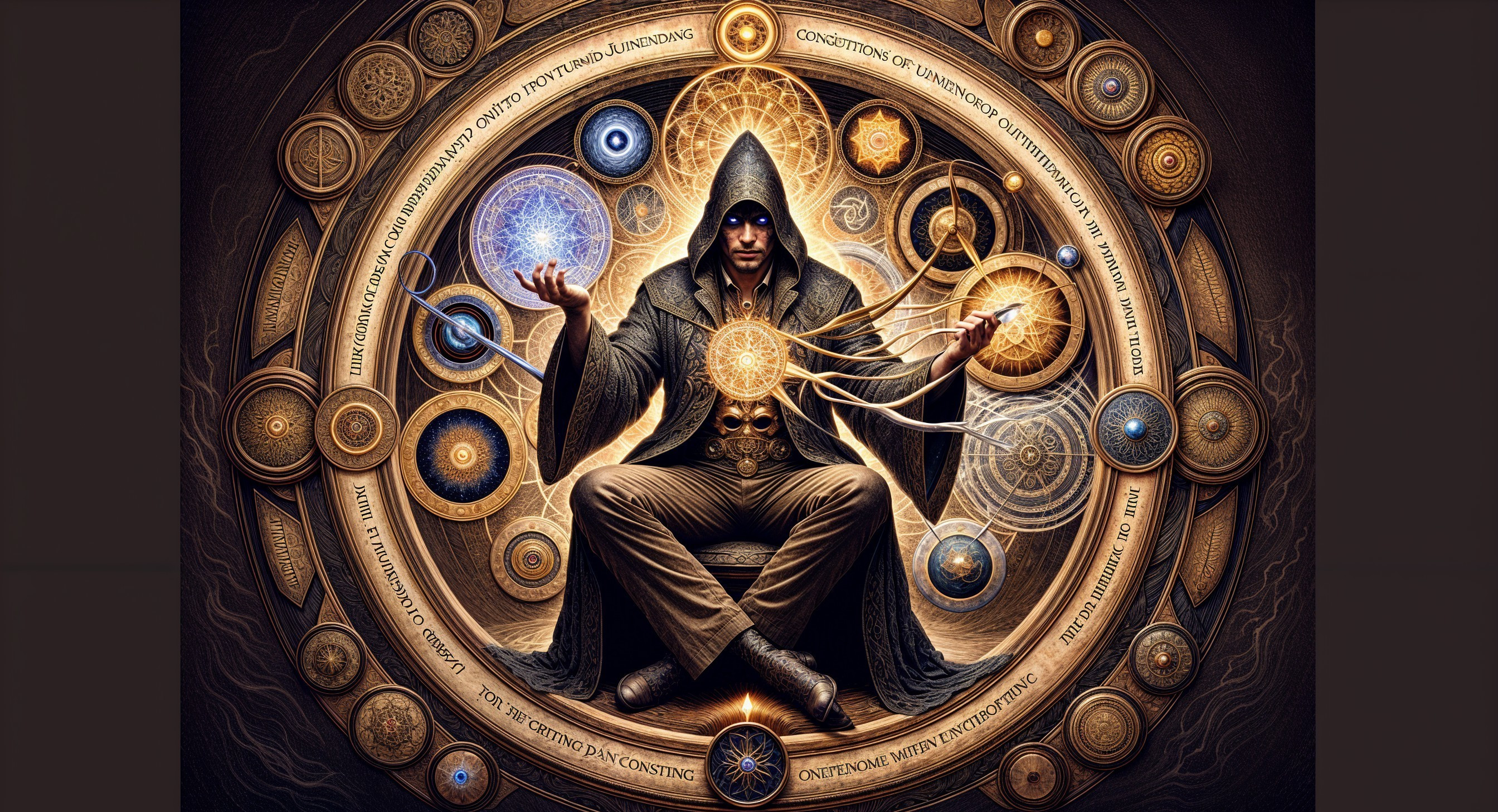 Cloaked Figure in Meditative Pose with Cosmic Symbols