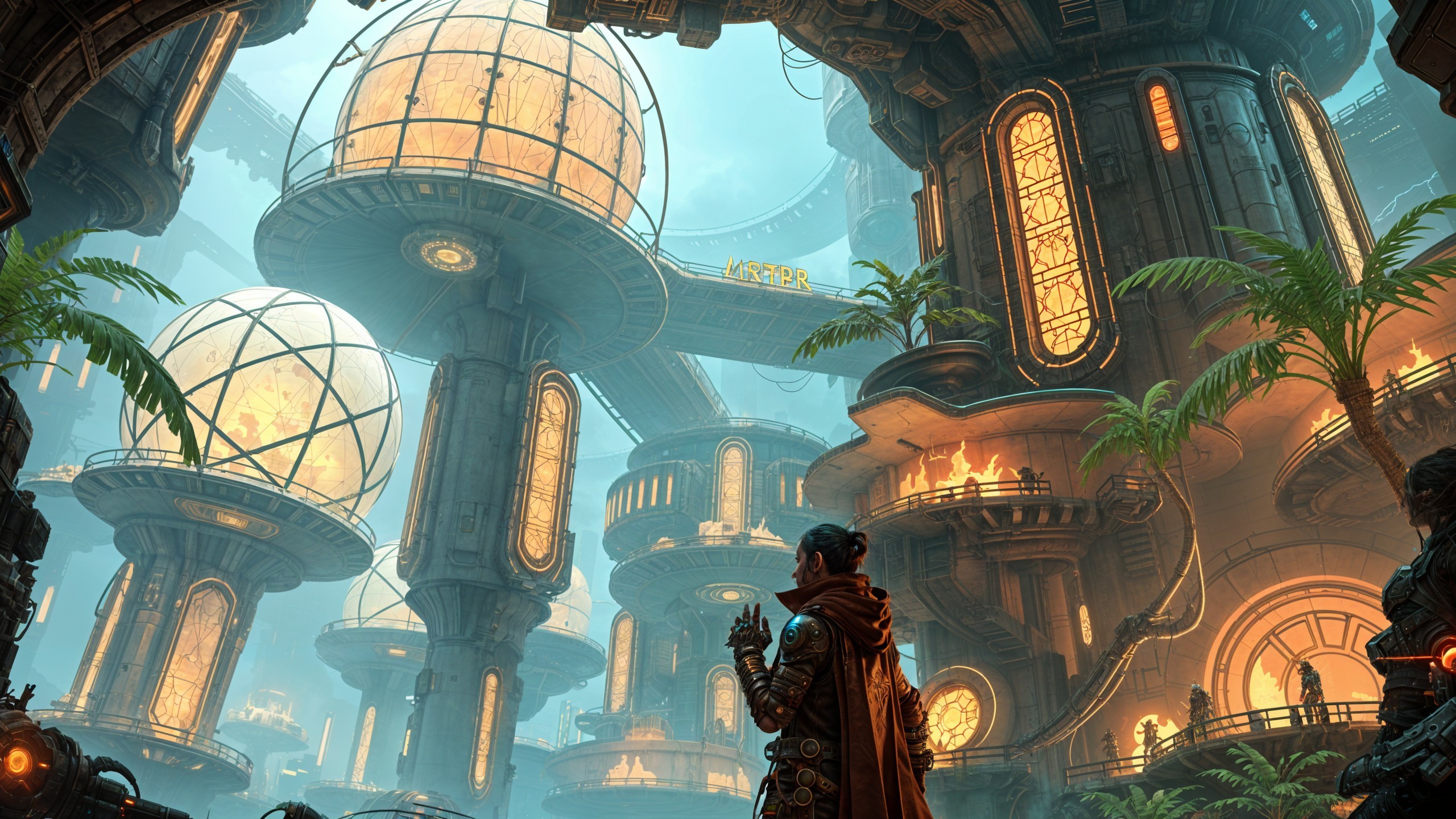 Futuristic cityscape with glowing architecture and greenery