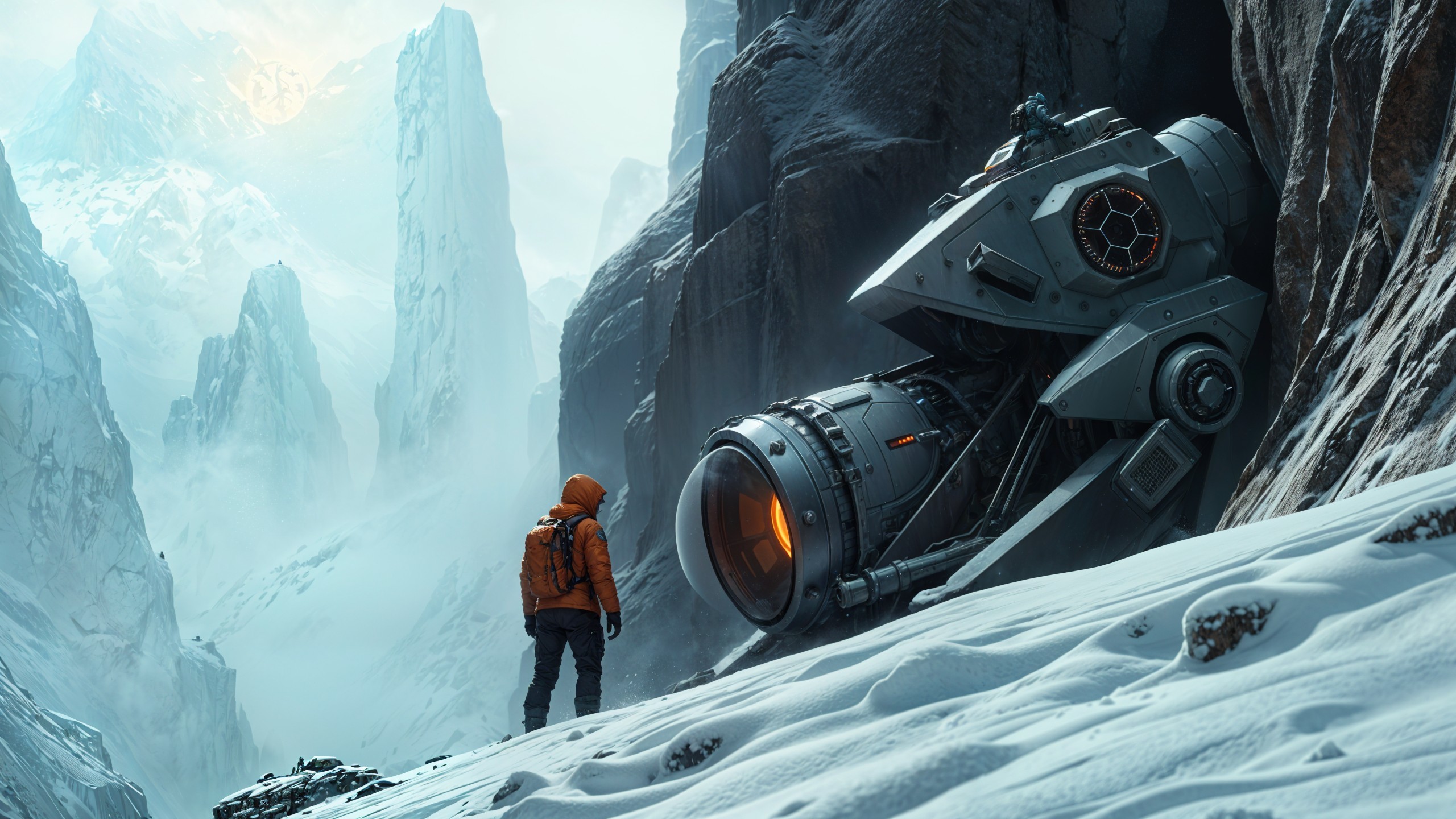 Lone Figure in Snowy Landscape with Futuristic Spacecraft