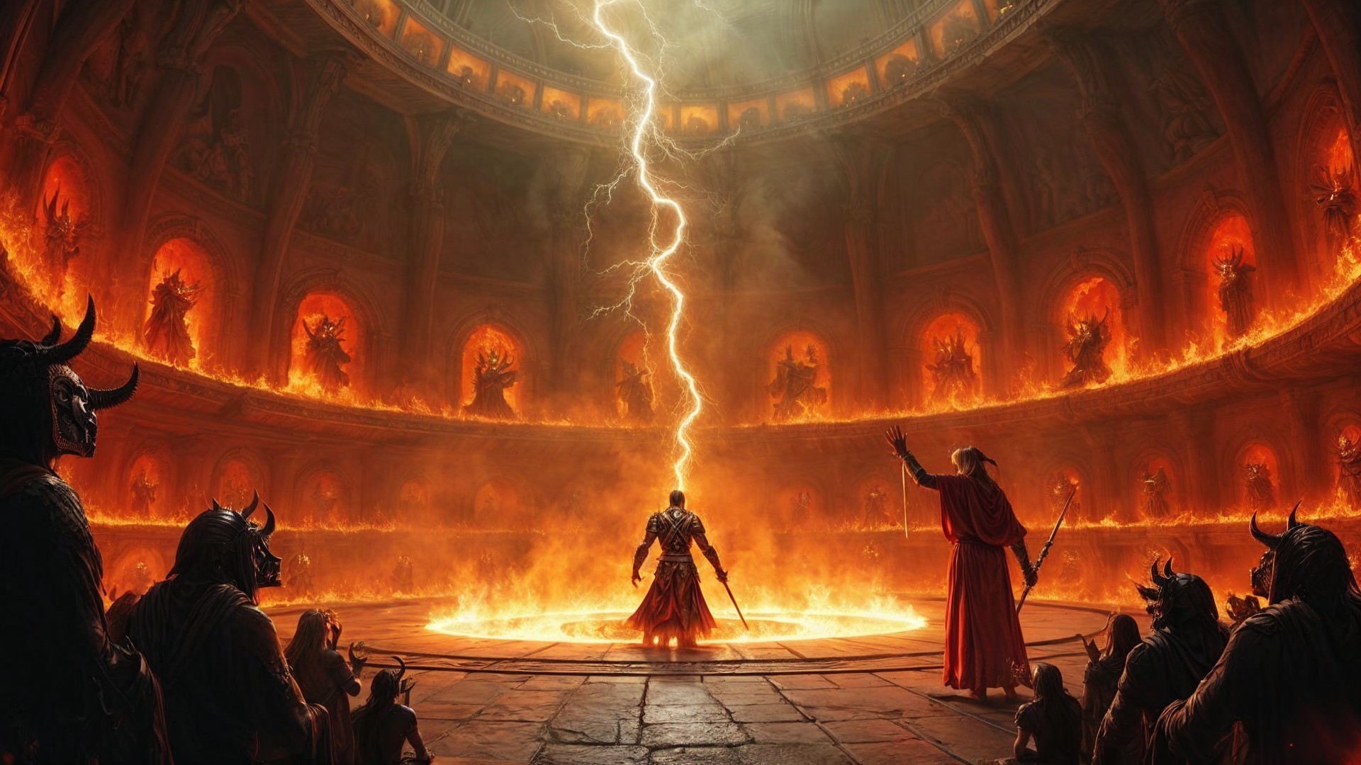 Warrior in Underground Arena with Shadowy Observers