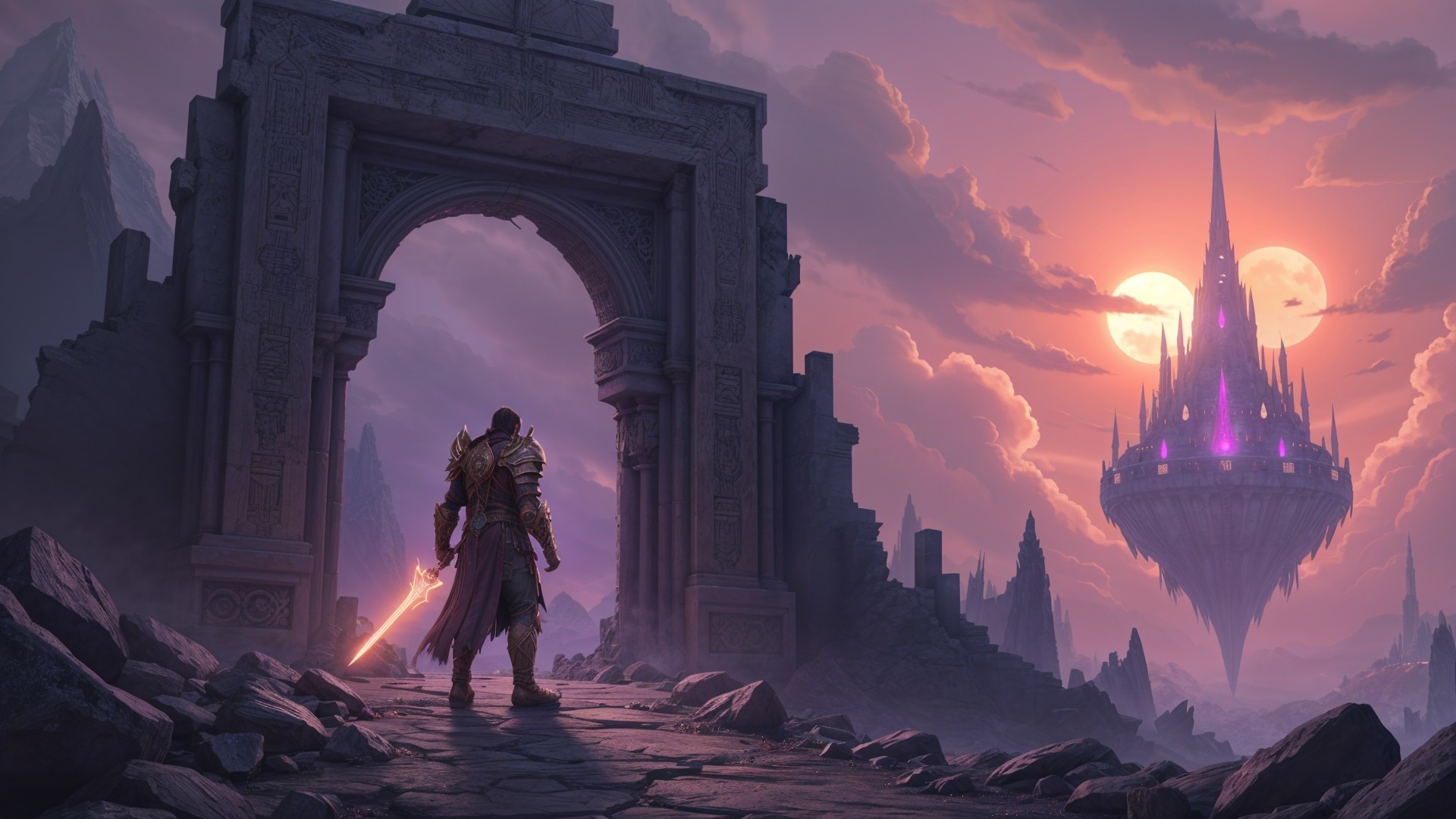 Lone Warrior at Ancient Archway with Floating Fortress