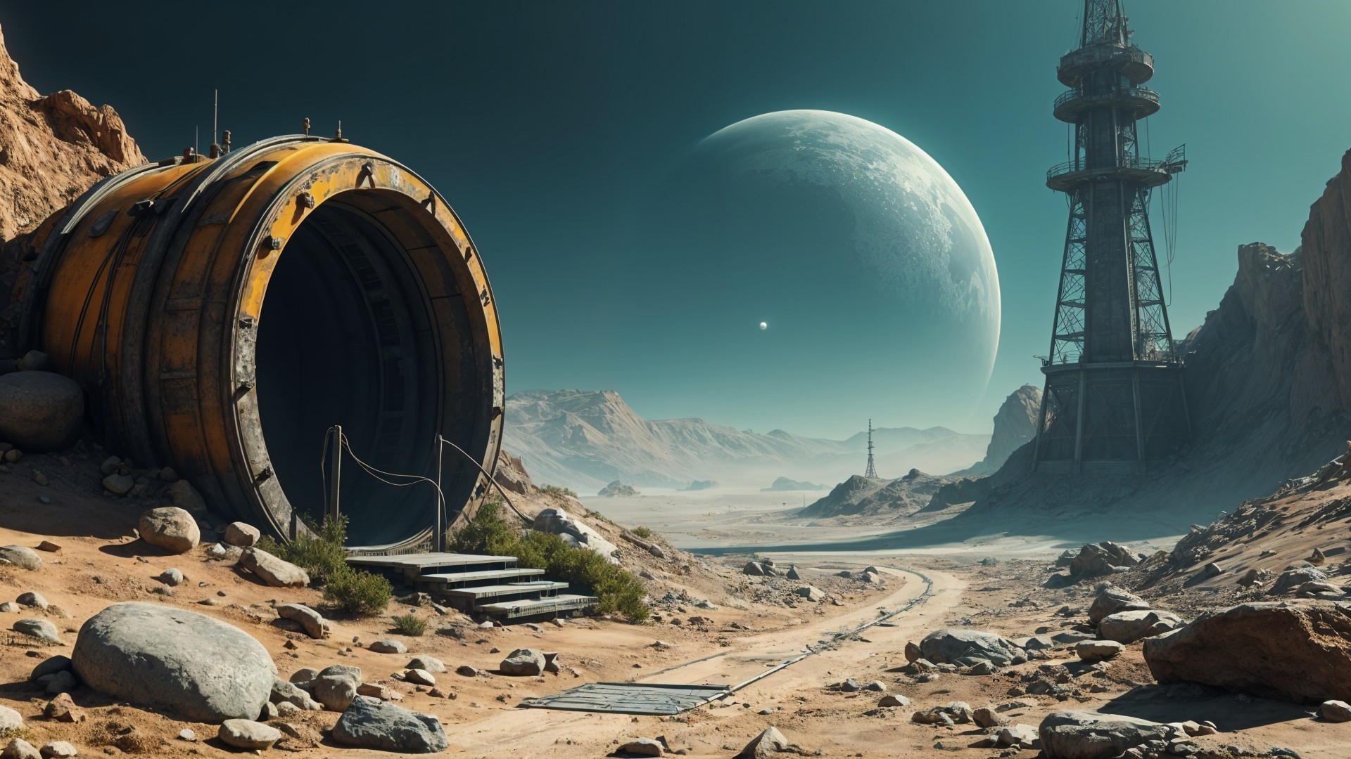 Futuristic Tunnel in Alien Landscape with Vibrant Colors