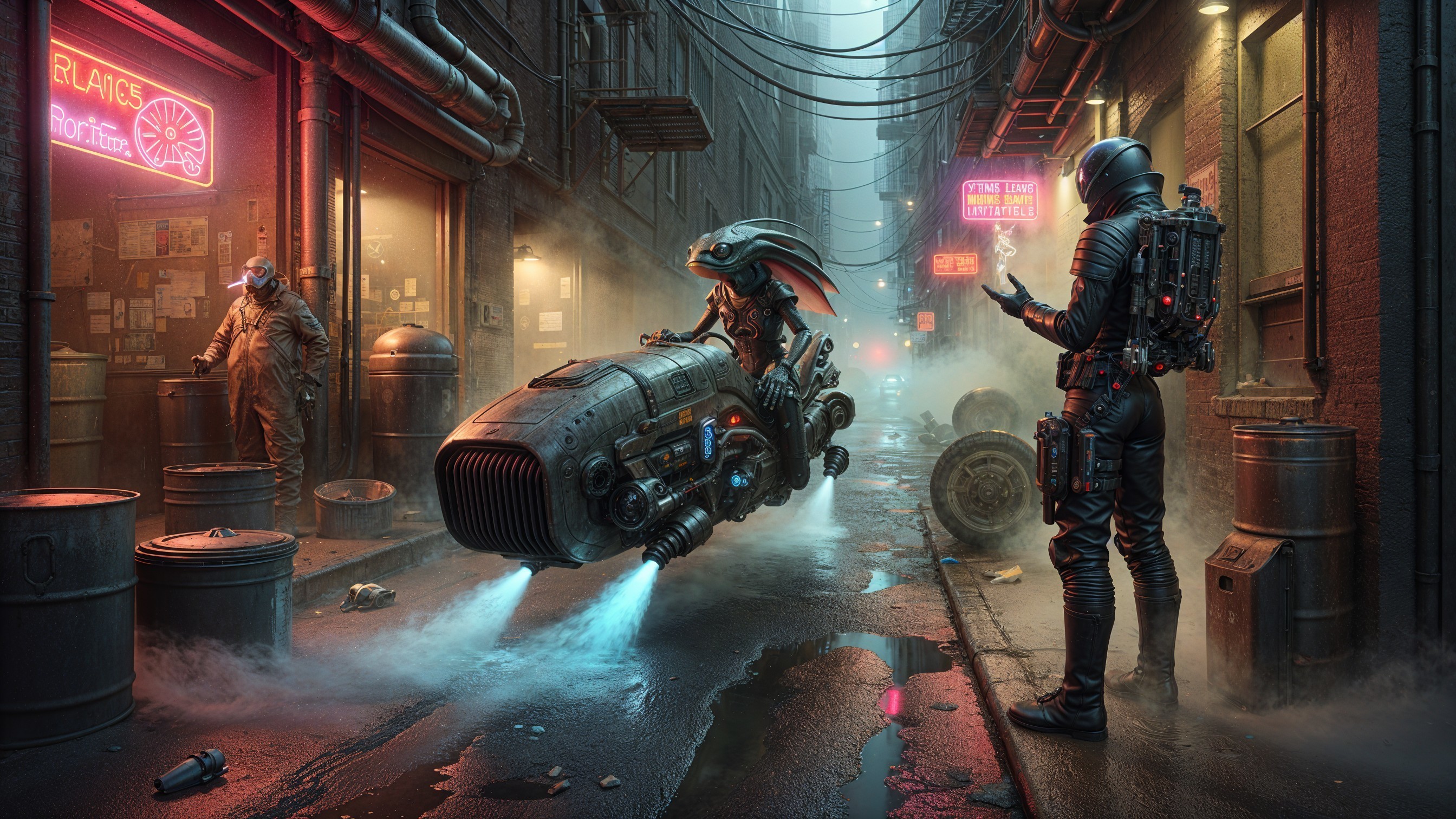 Futuristic Alley Scene with Sci-Fi Motorcycle and Figures