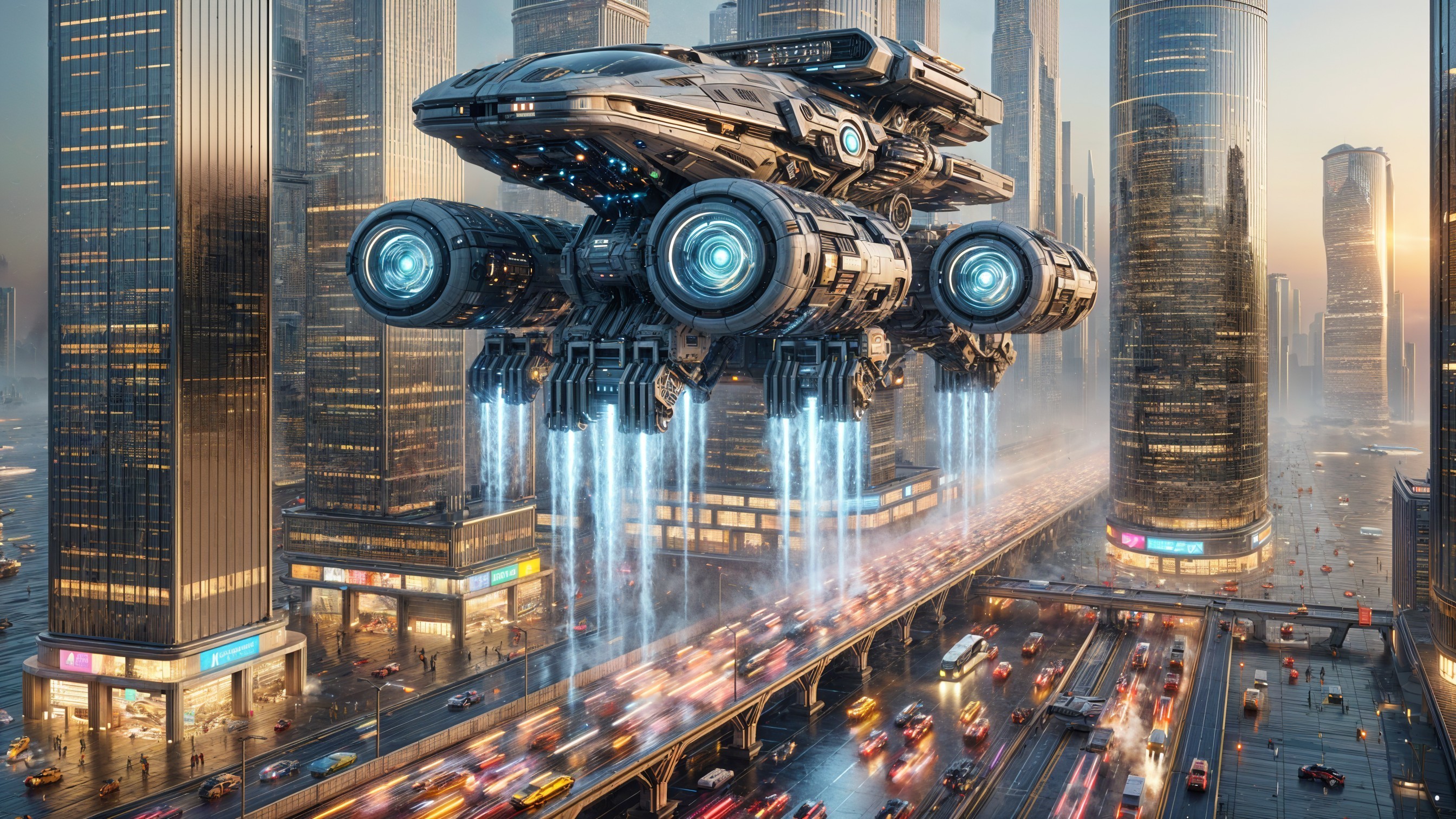 Futuristic Cityscape with Skyscrapers and Spacecraft