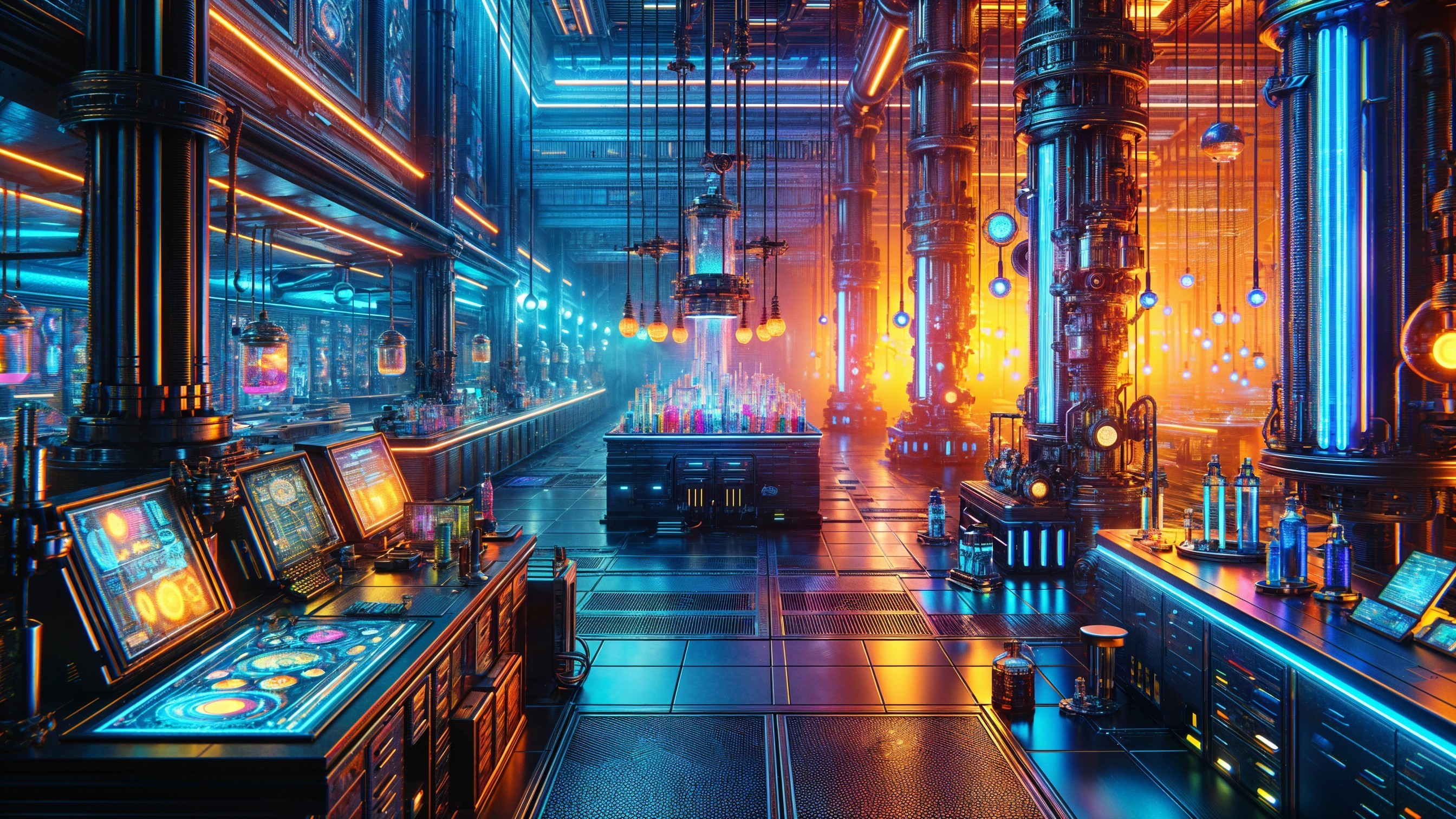 Futuristic Laboratory with Neon Lights and High-Tech Workstations
