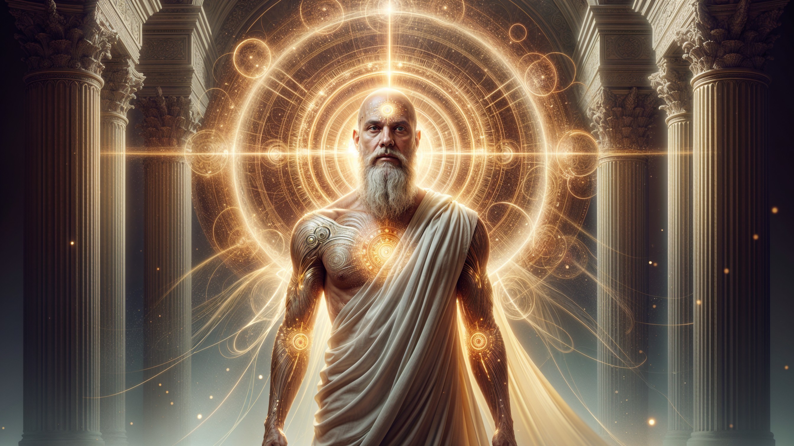 Confident Figure in Ancient Setting with Mystical Tattoos