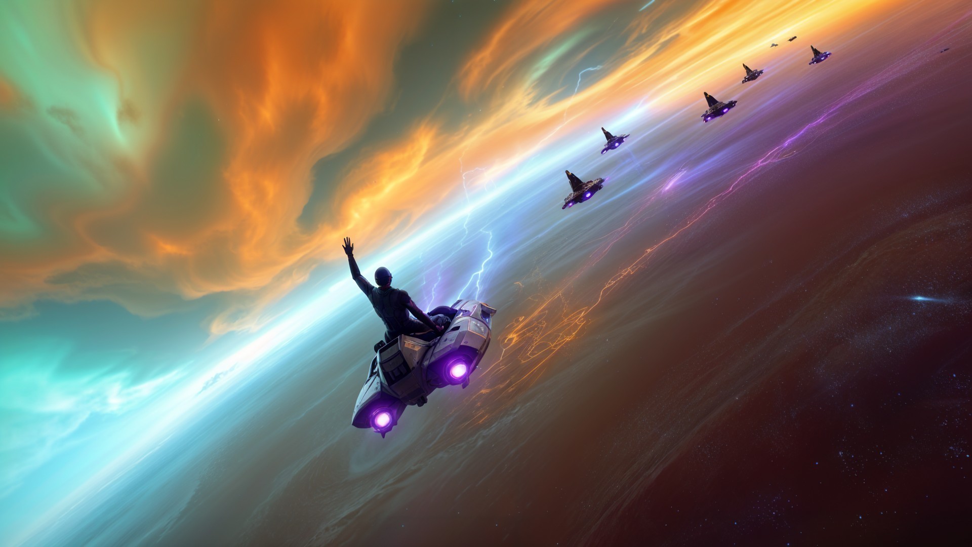 Futuristic spacecraft in vibrant cosmic landscape