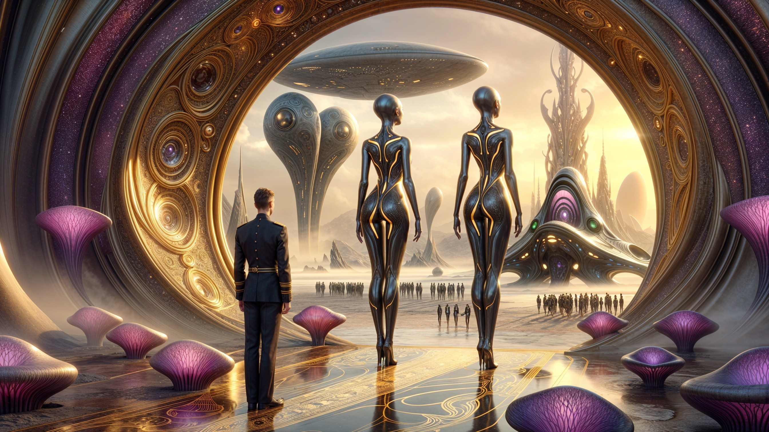 Futuristic Landscape with Robots and Alien Architecture