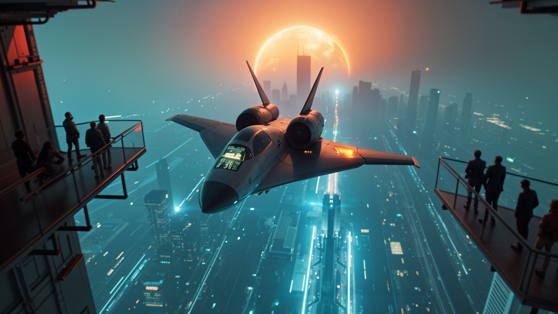 Futuristic city skyline with neon lights at sunset