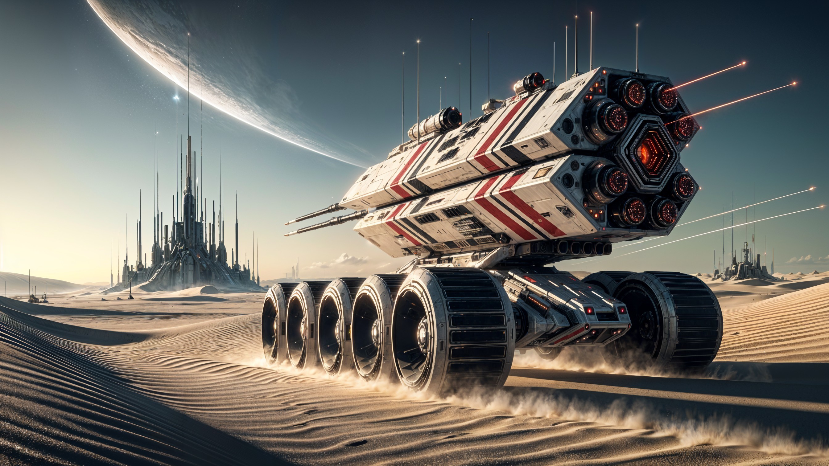 Futuristic Rover in Desert with Sci-Fi Cityscape