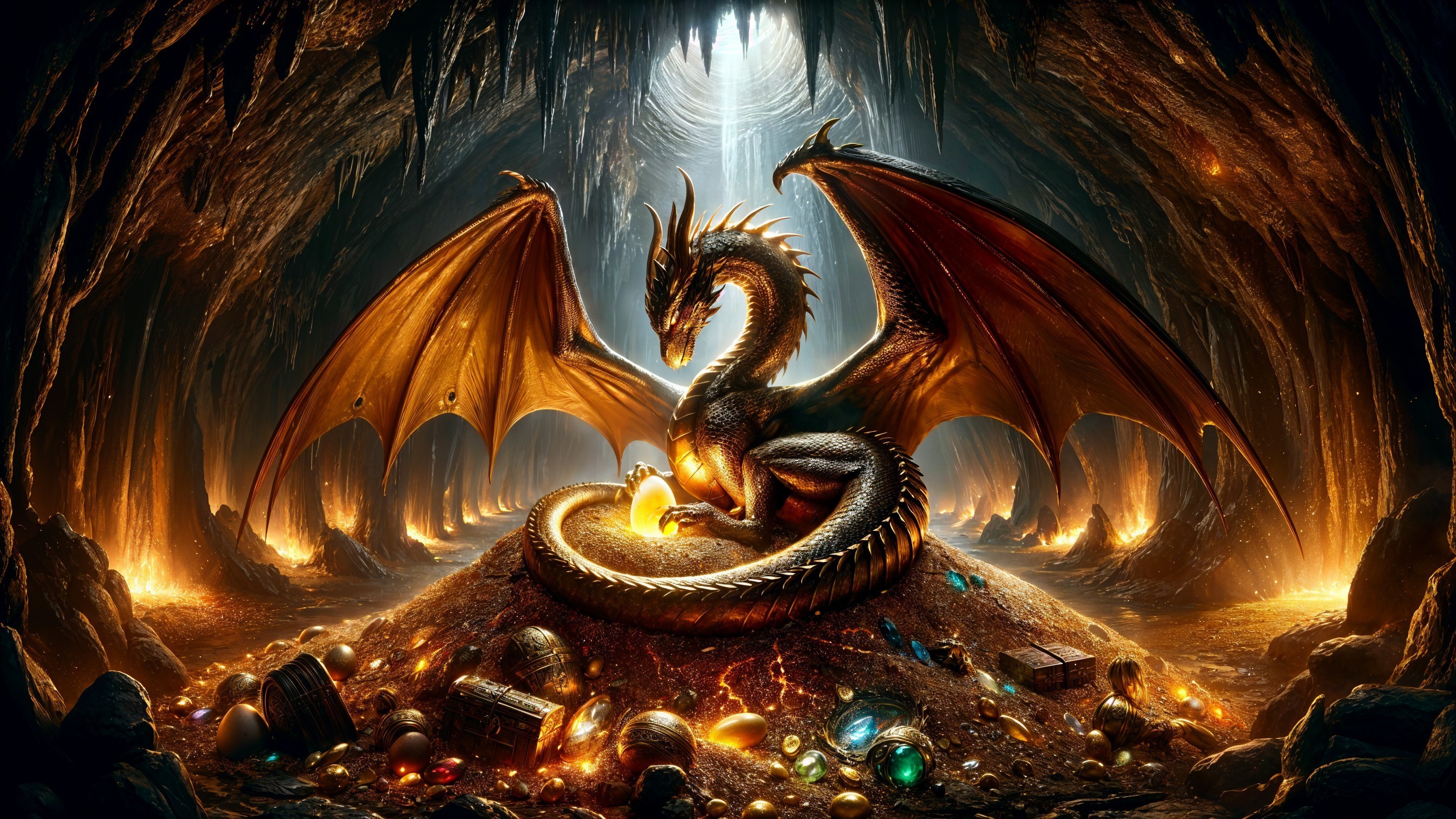 Majestic dragon guarding golden-orange egg in cavern