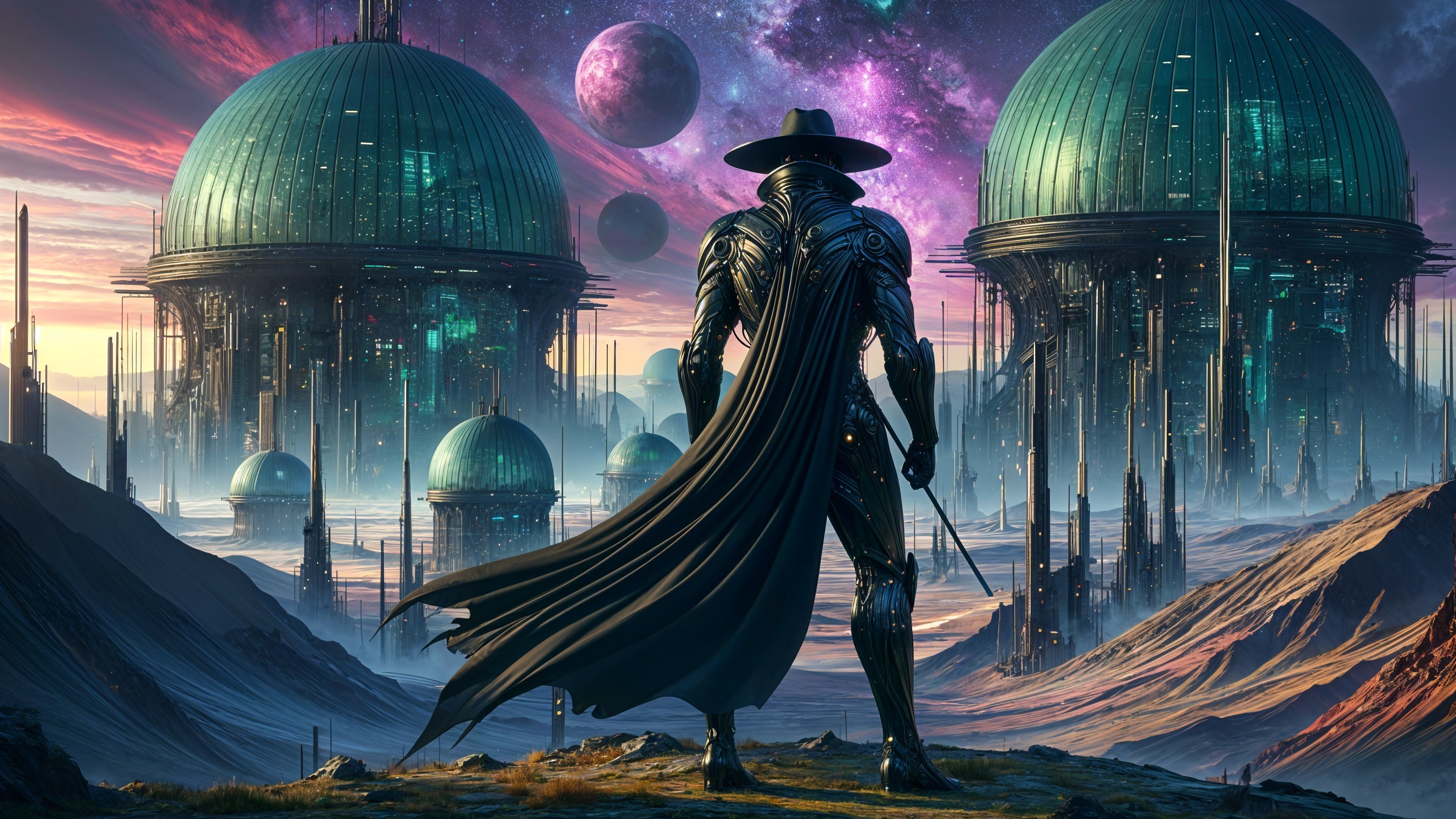 Futuristic Figure Overlooking Surreal Landscape