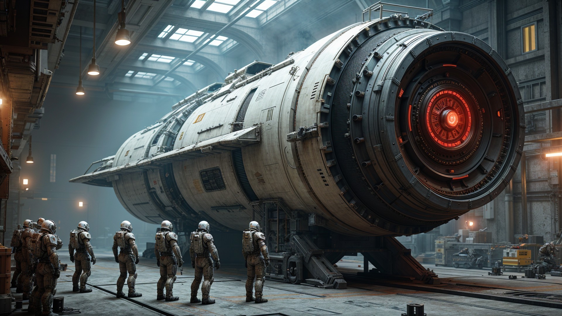Futuristic spacecraft and astronauts in industrial hangar
