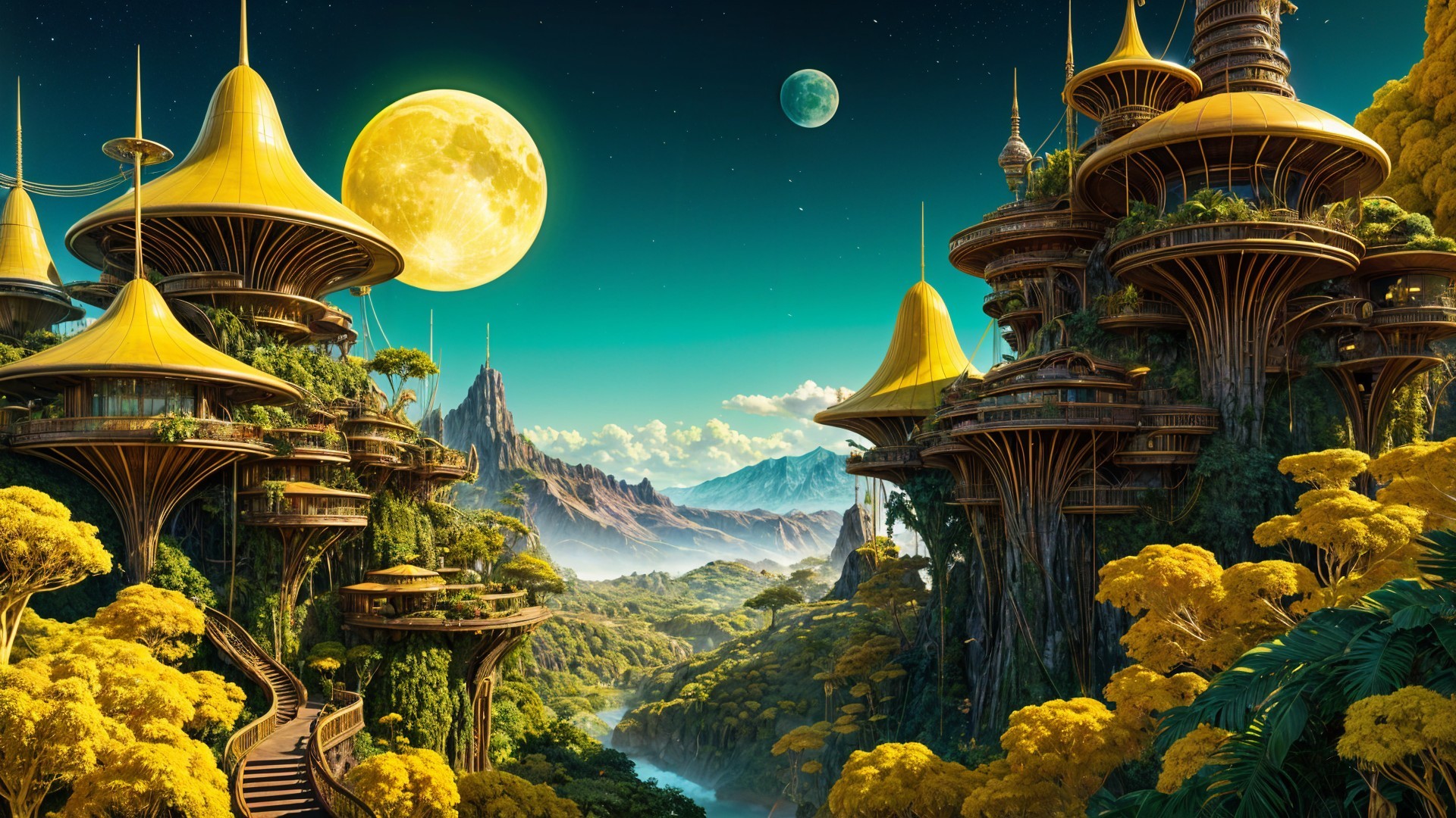 Futuristic landscape with golden structures and emerald trees
