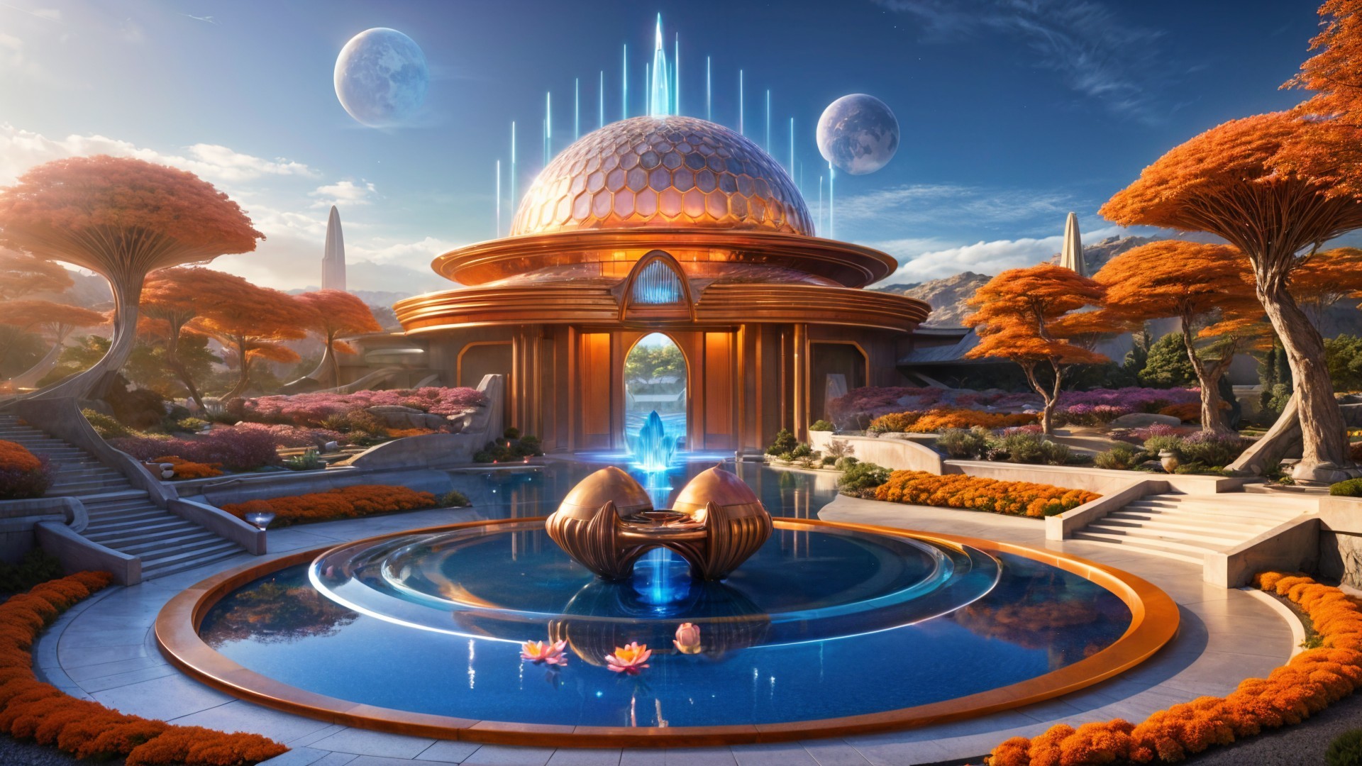 Futuristic landscape with dome structure and gardens