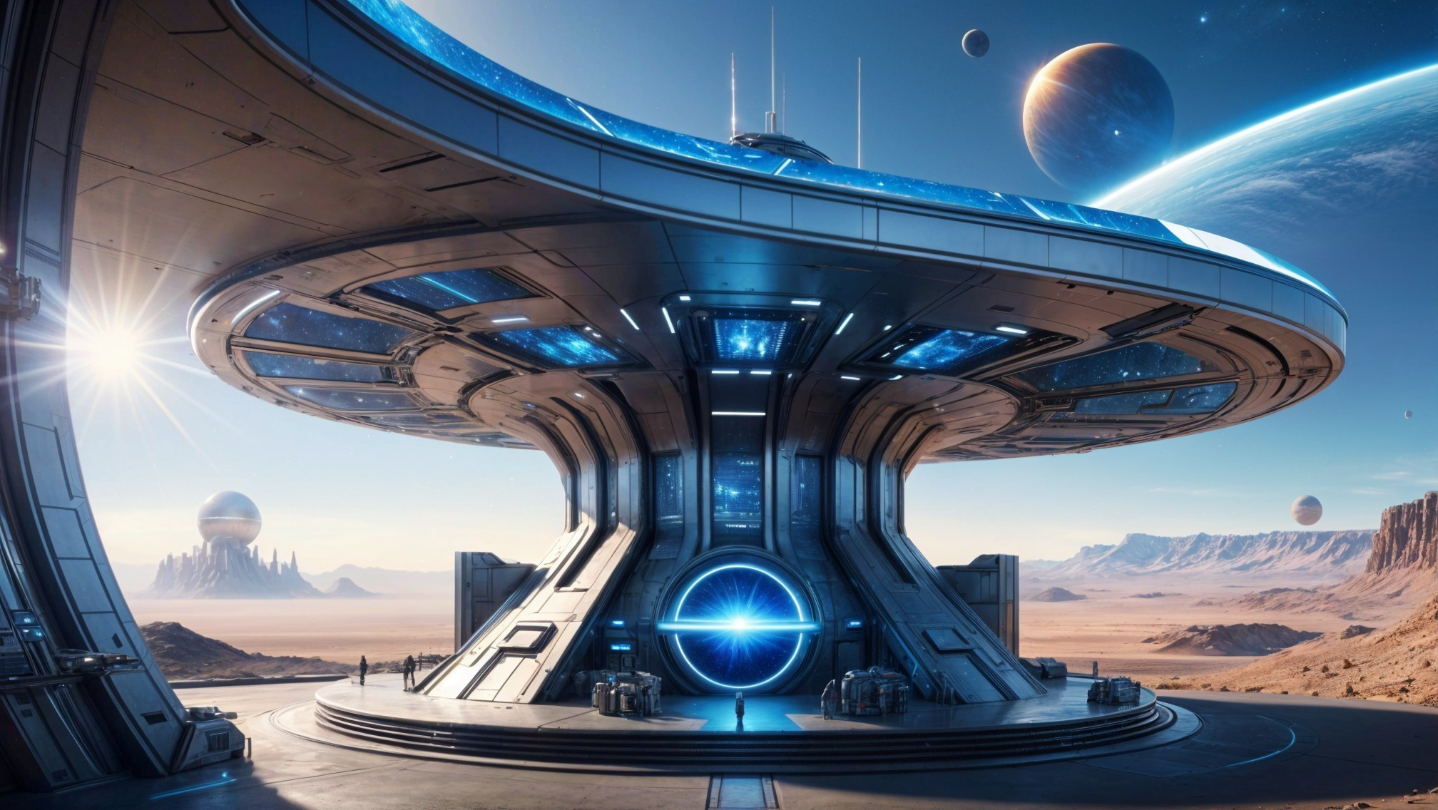 Futuristic Circular Spacecraft on Rocky Extraterrestrial Landscape