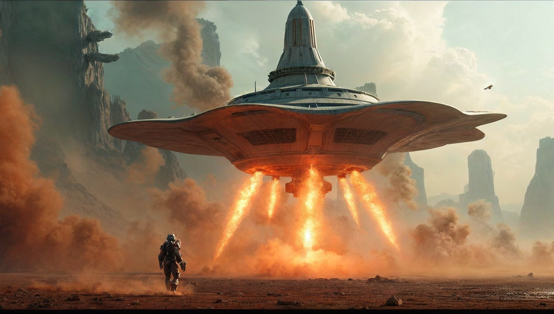 Futuristic Alien Landscape with Hovering Spaceship