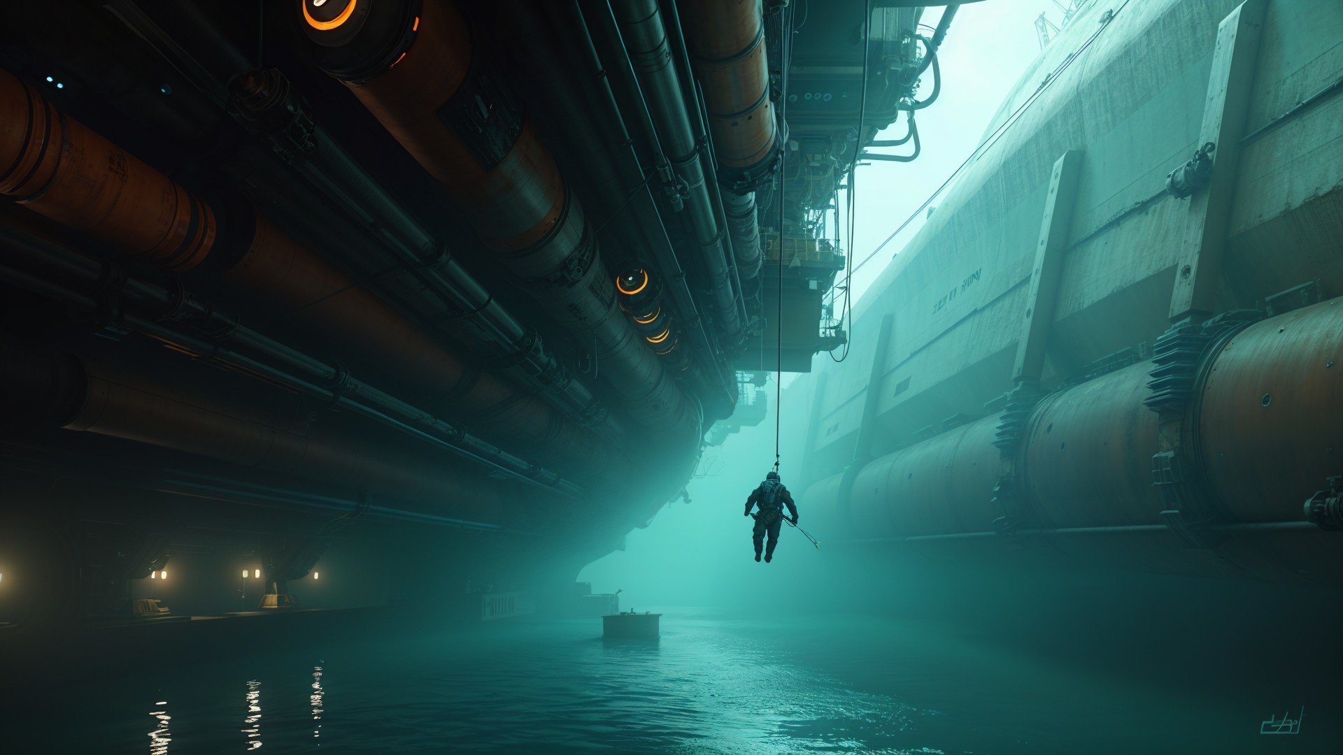 Futuristic Underwater Setting with Industrial Structures