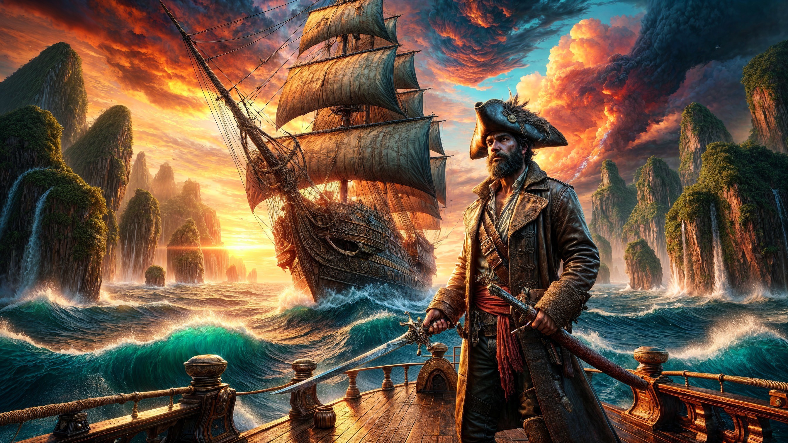 Fierce Pirate at Helm of Majestic Ship at Sunset