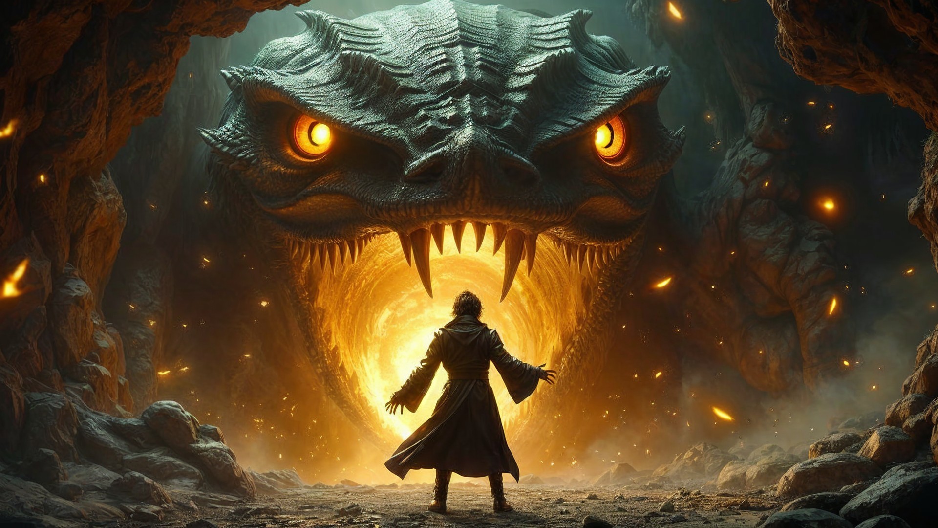 Cloaked Figure Faces Menacing Dragon in Dark Cave