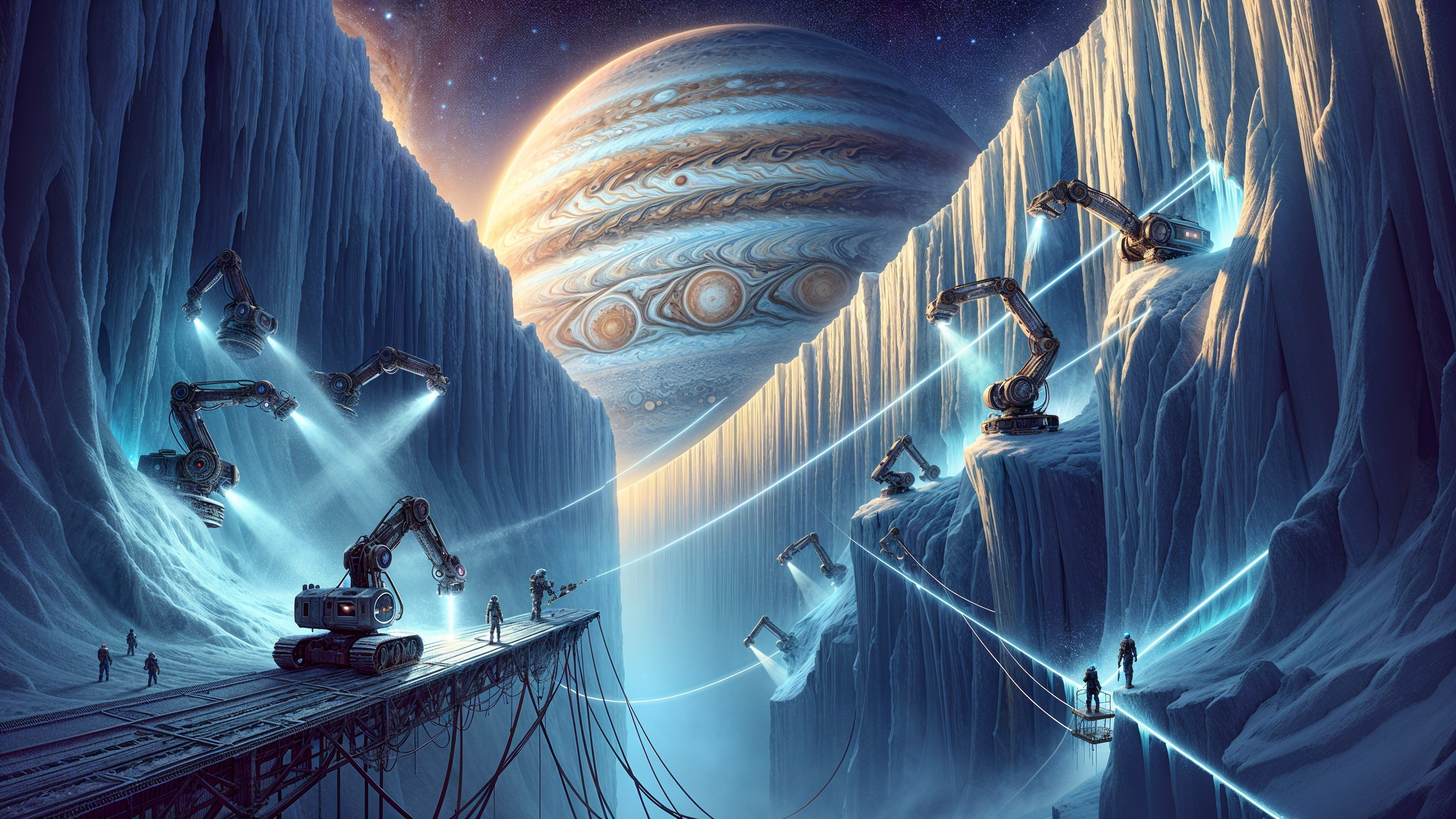 Futuristic Landscape with Robotic Arms in Icy Canyon