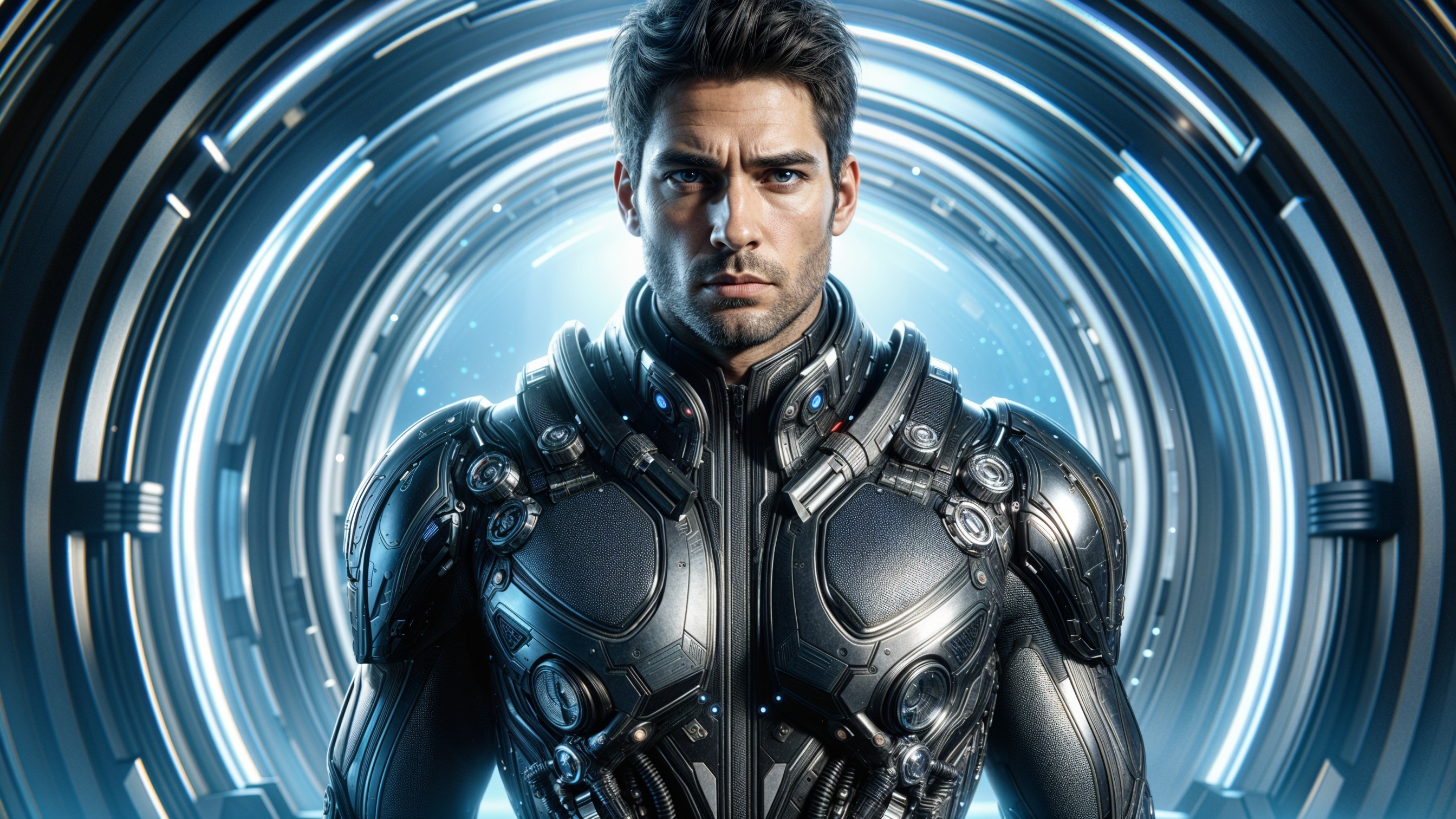 Futuristic warrior in high-tech suit with glowing accents
