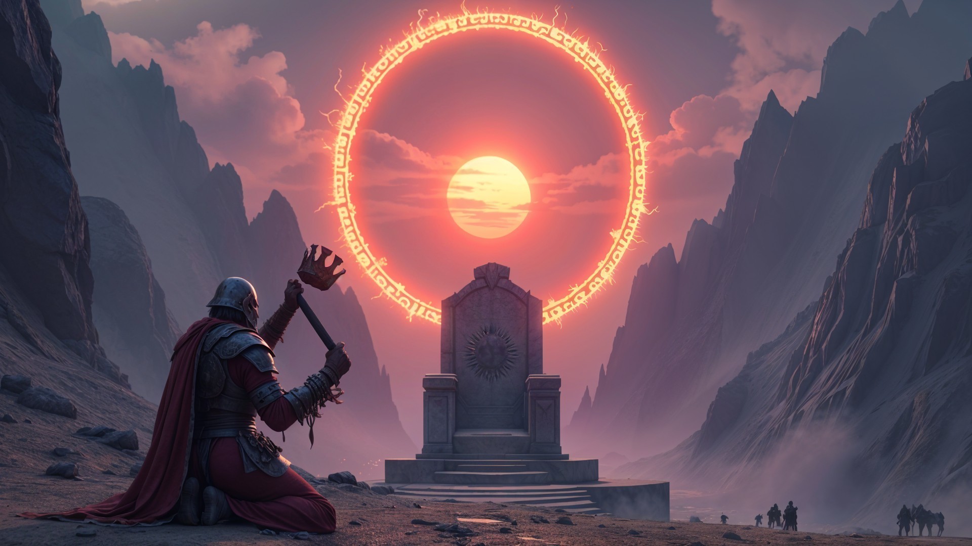 Lone Warrior at Ancient Throne in Mystical Landscape