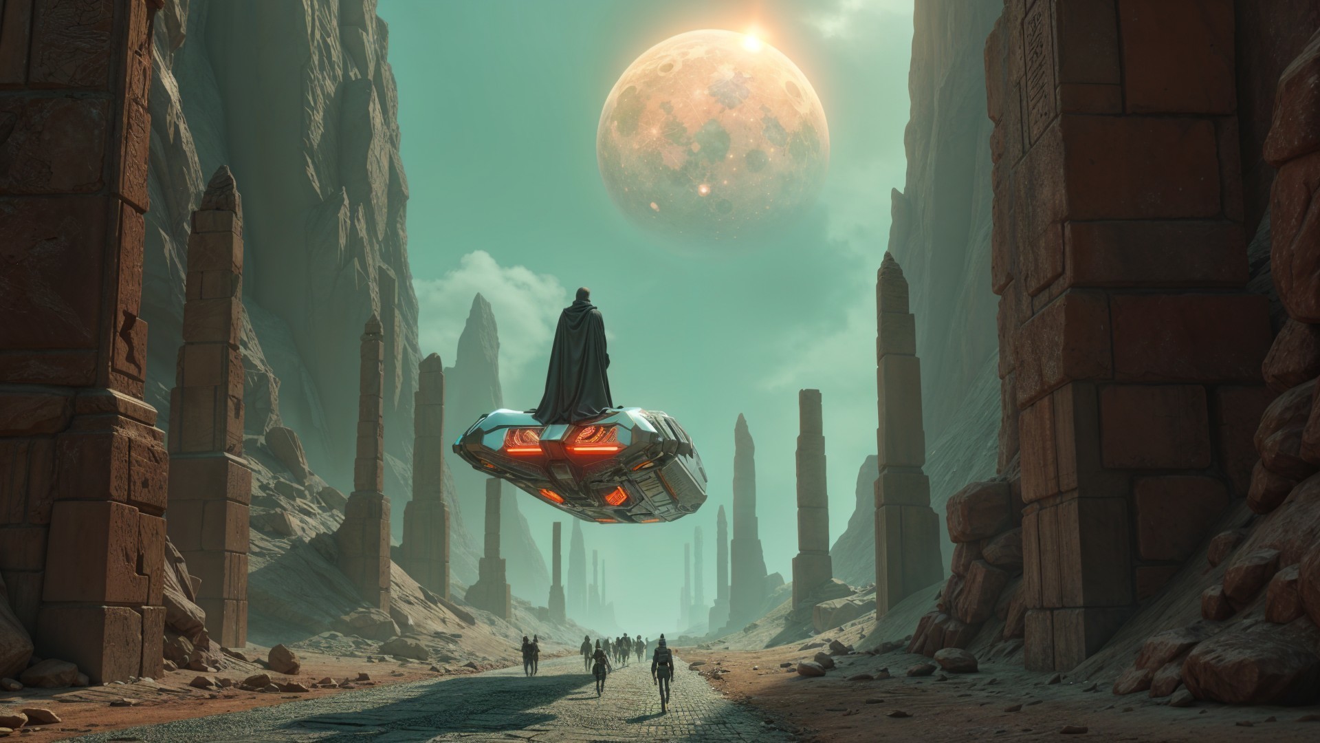 Surreal Landscape with Monoliths and Cloaked Figure