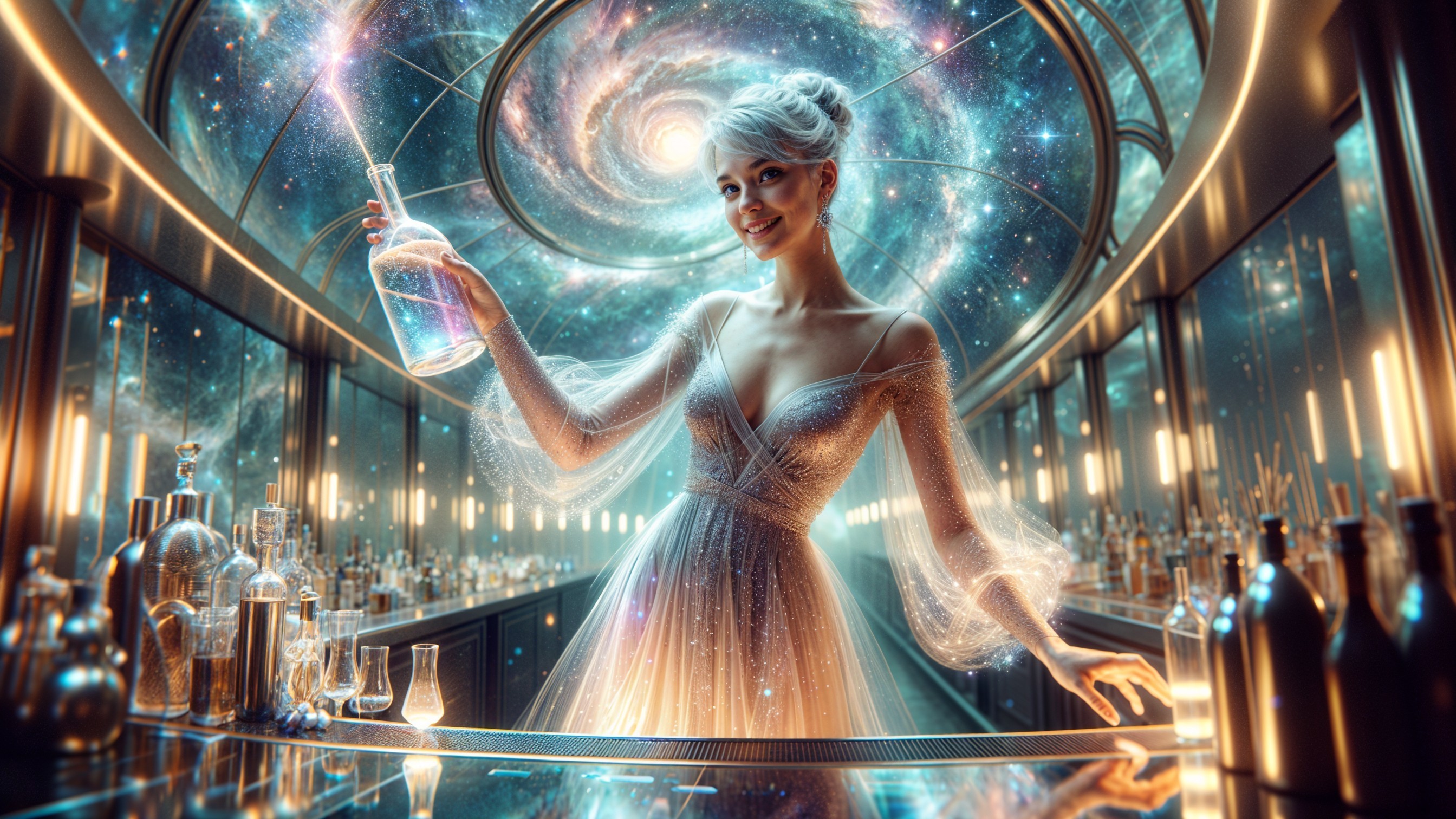 Futuristic Bar Scene with Cosmic Backdrop and Potions