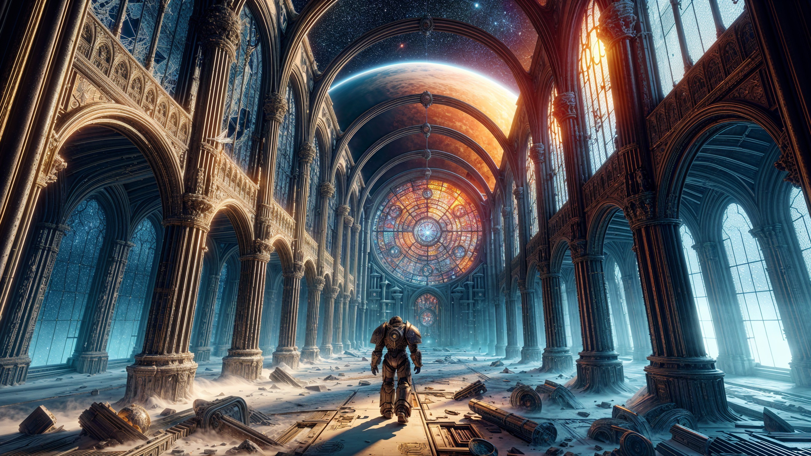 Astronaut in Abandoned Cathedral with Stained Glass