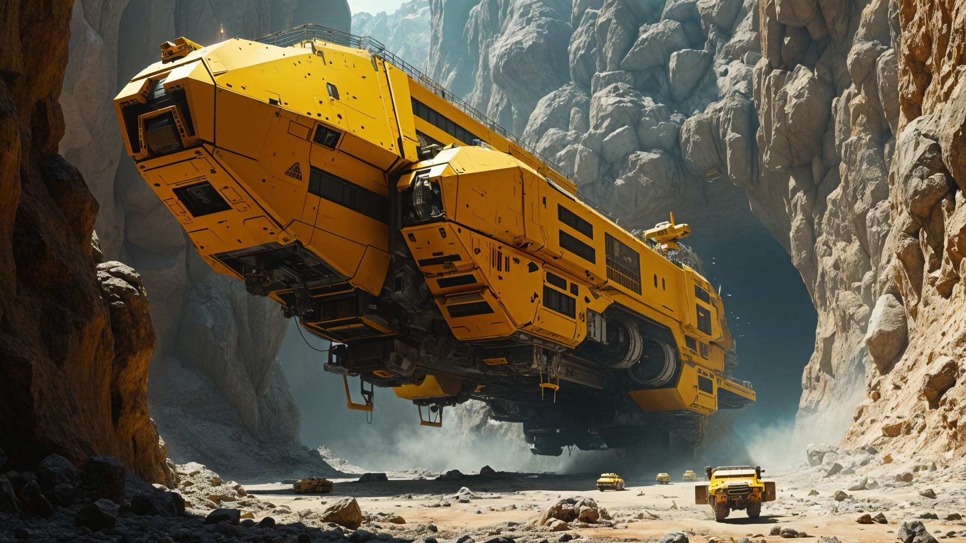 Yellow Spacecraft Over Rocky Canyon Terrain