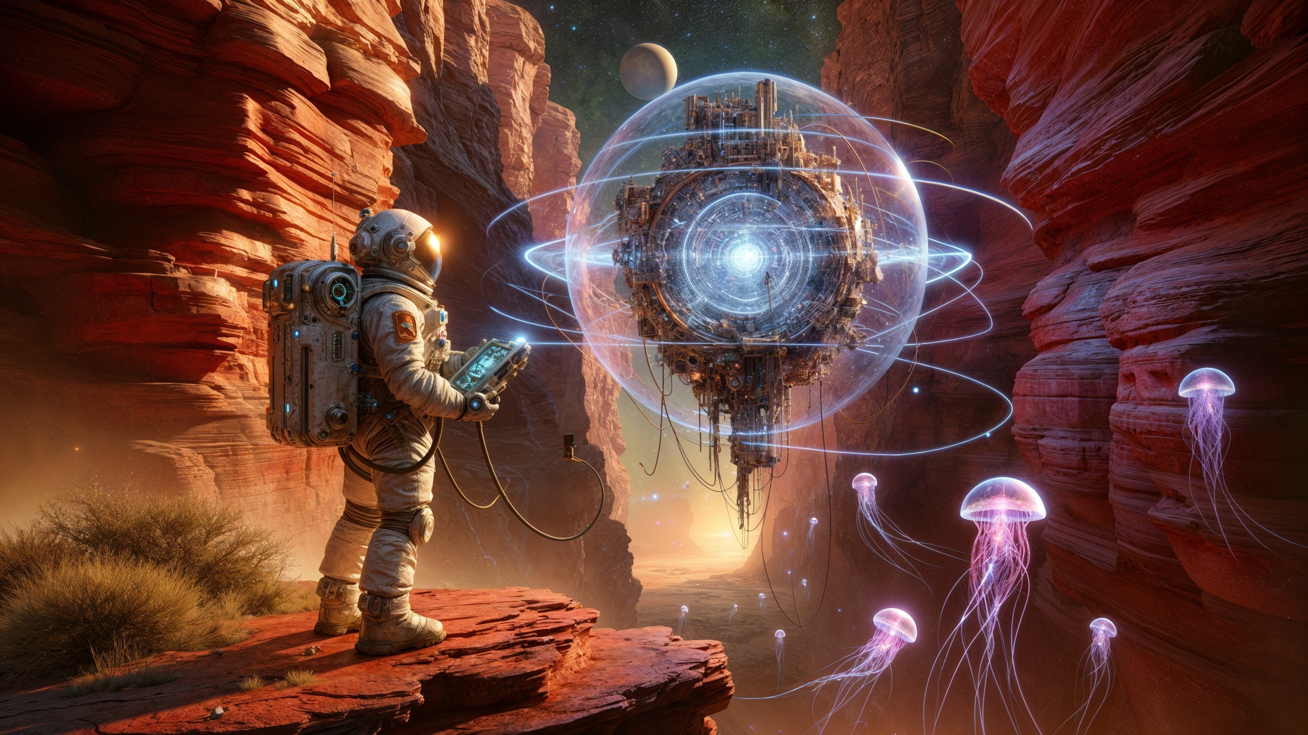 Astronaut in Spacesuit with Alien Landscape and Structure