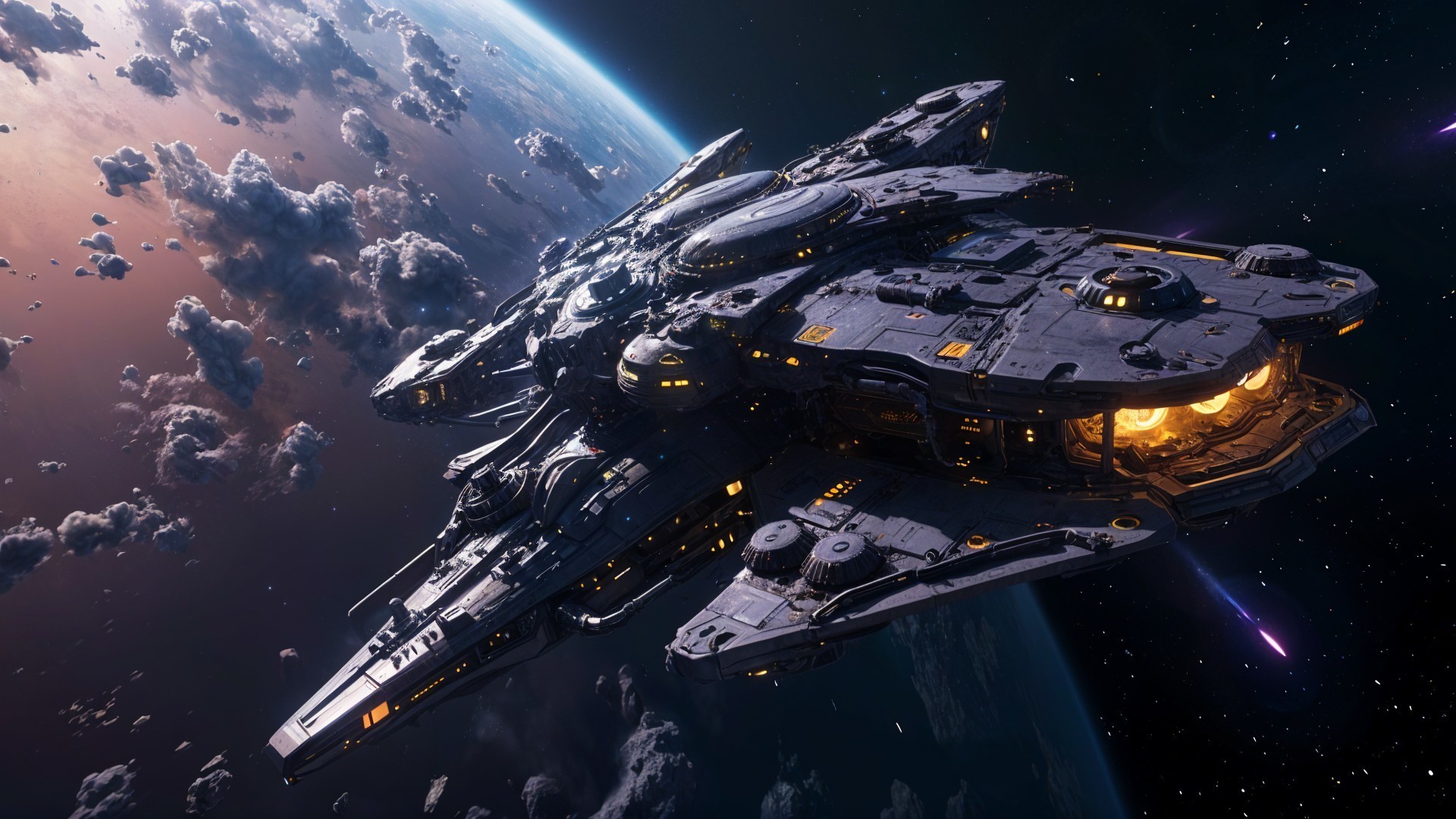 Futuristic spacecraft in cosmic scenery with vibrant planet