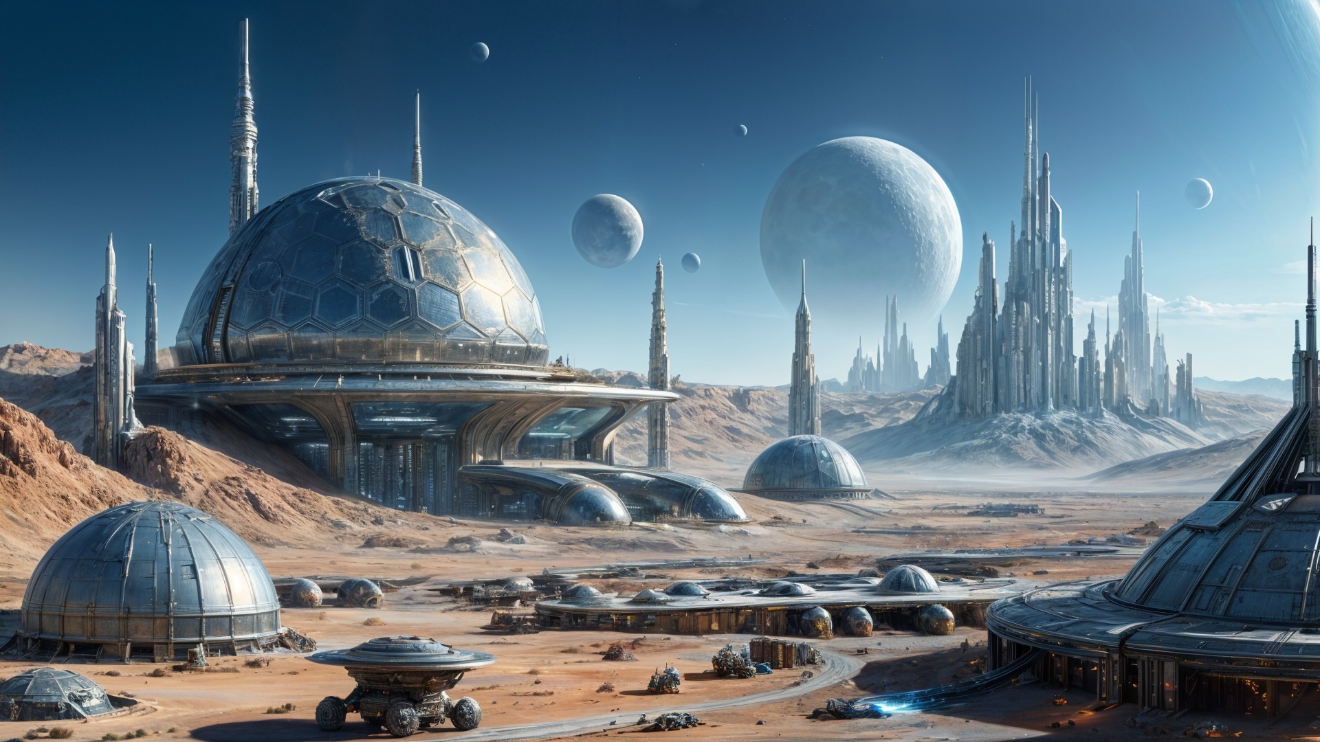 Futuristic Alien City with Dome Structures and Moons