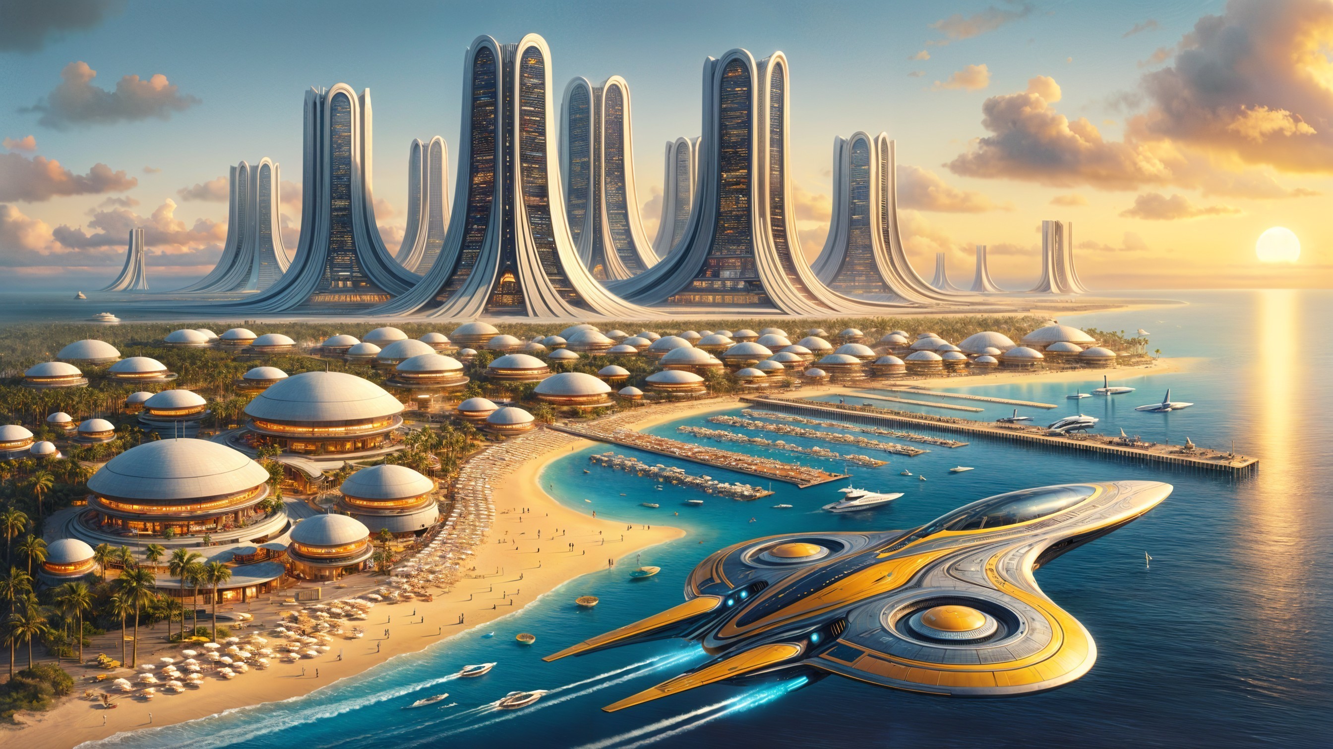 Futuristic Coastal City with Sleek Structures and Spacecraft