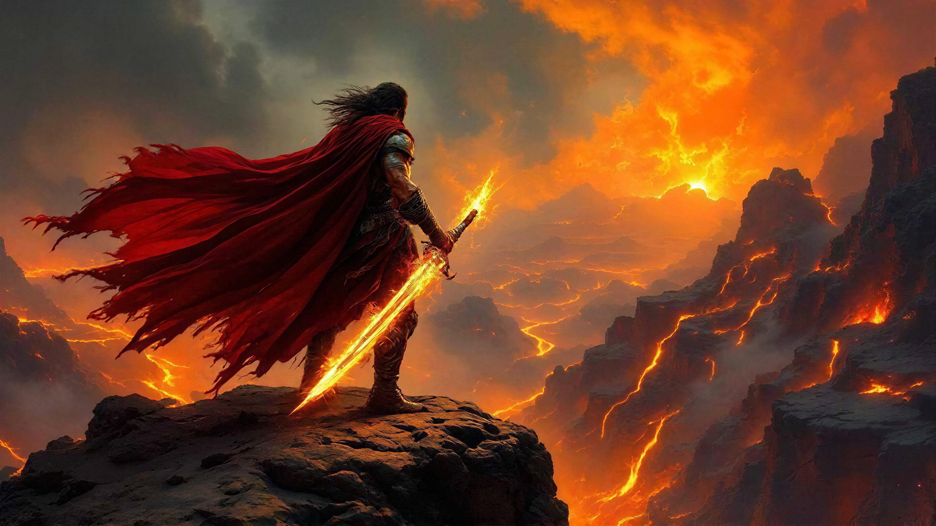 Muscular Warrior with Fiery Sword Over Molten Landscape