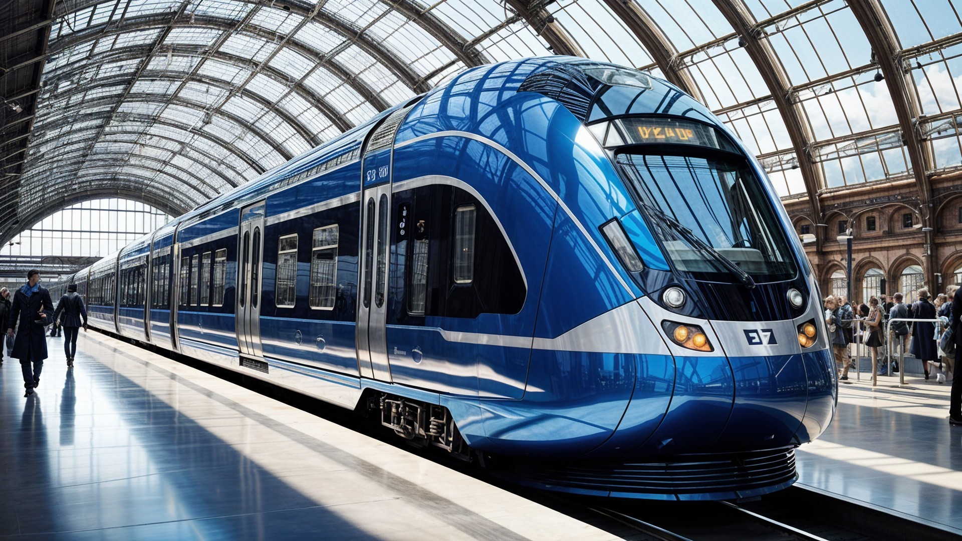 Modern Blue Train at Bright Glass Ceiling Station