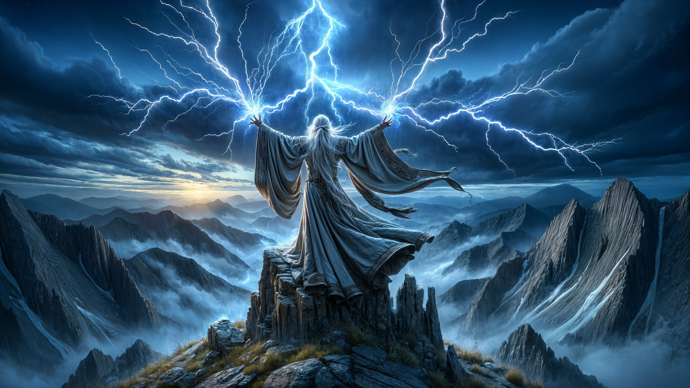 Majestic Figure Wielding Lightning on Rocky Peak