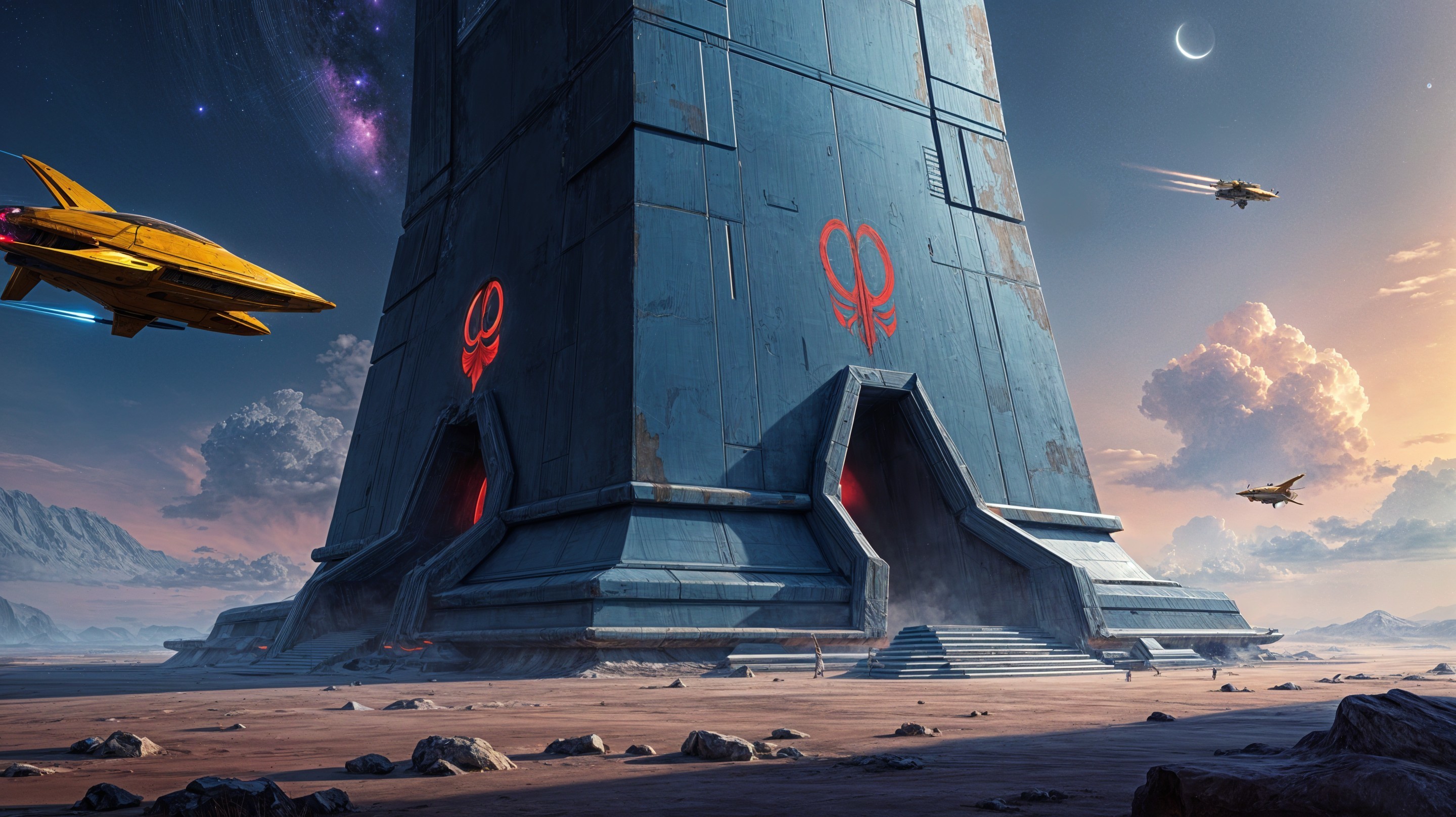 Futuristic Tower with Blue Surface and Red Symbols