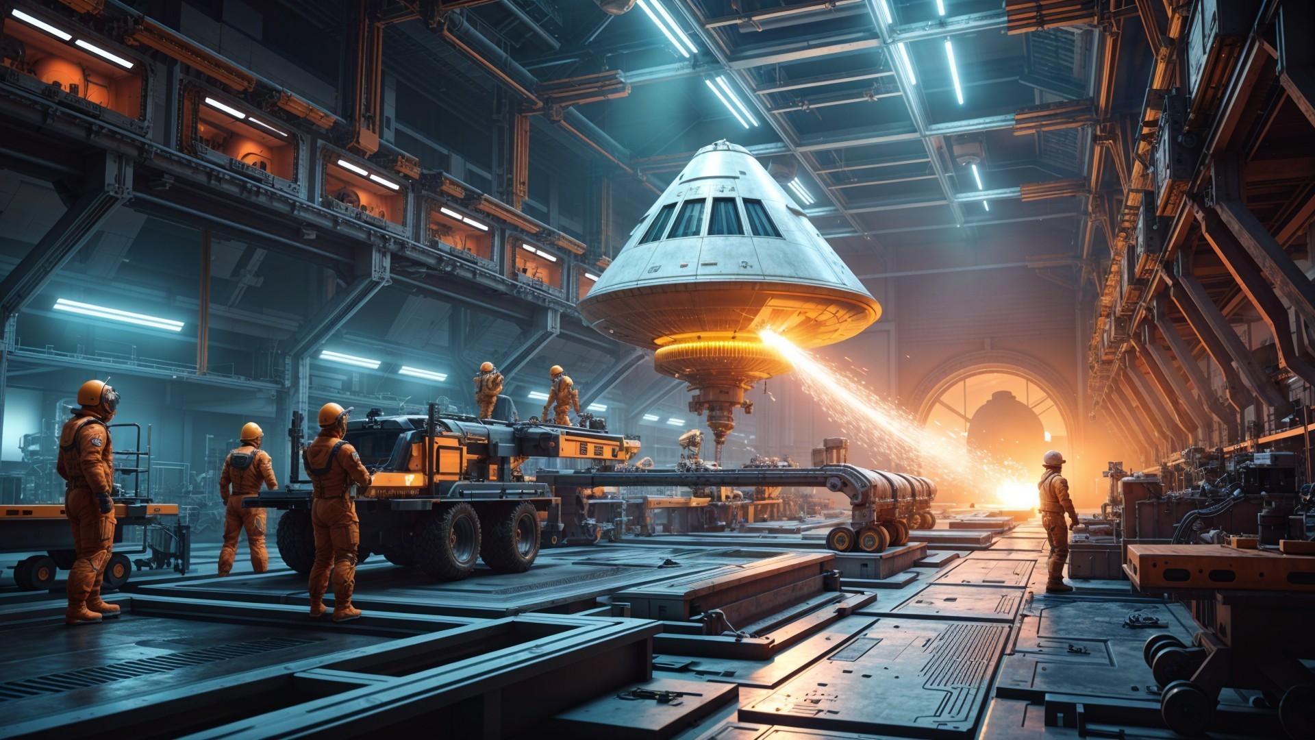 Astronauts in Orange Suits Work on Cone-Shaped Spacecraft