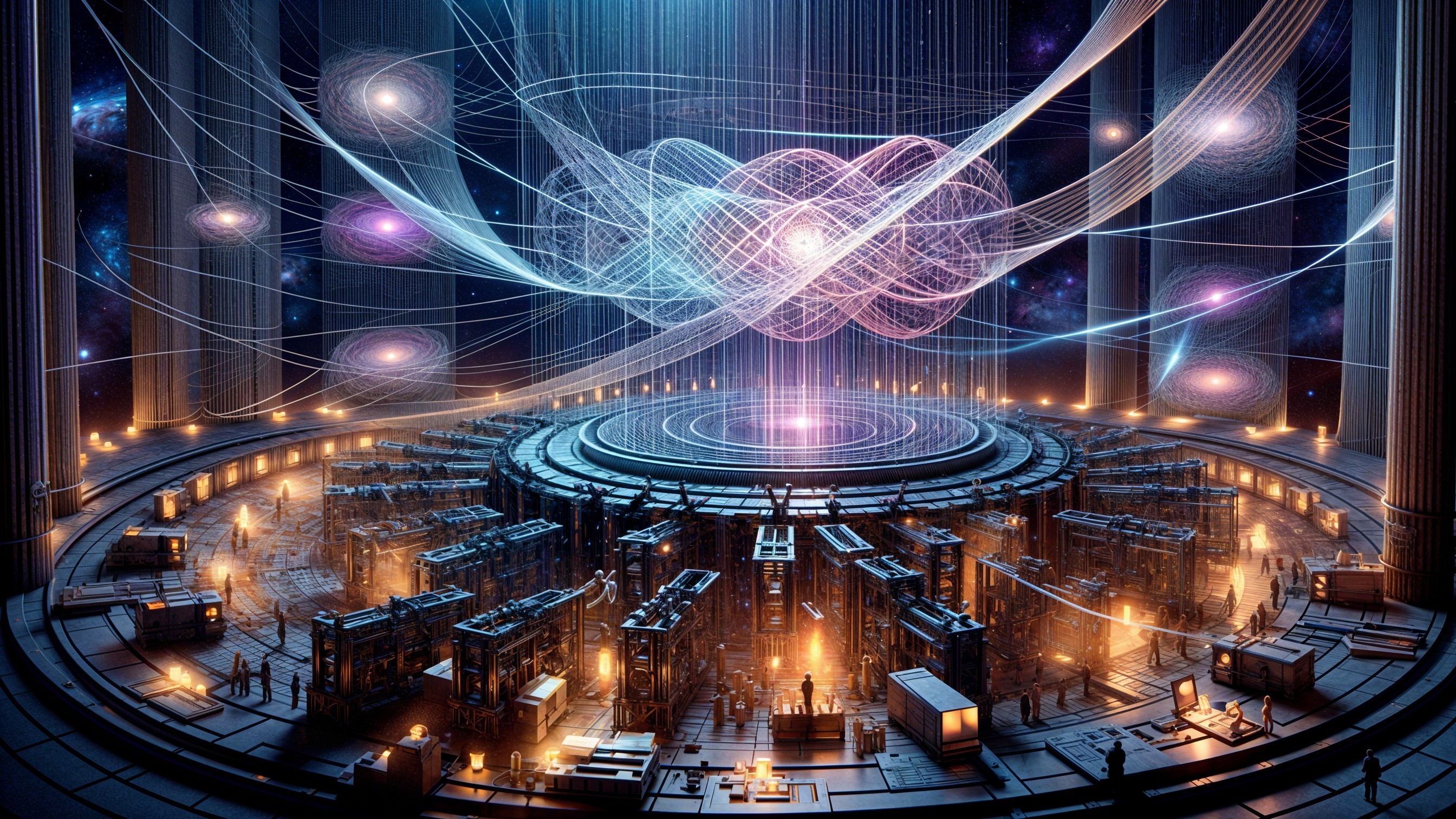 Ornate futuristic quantum computing chamber with cosmic view