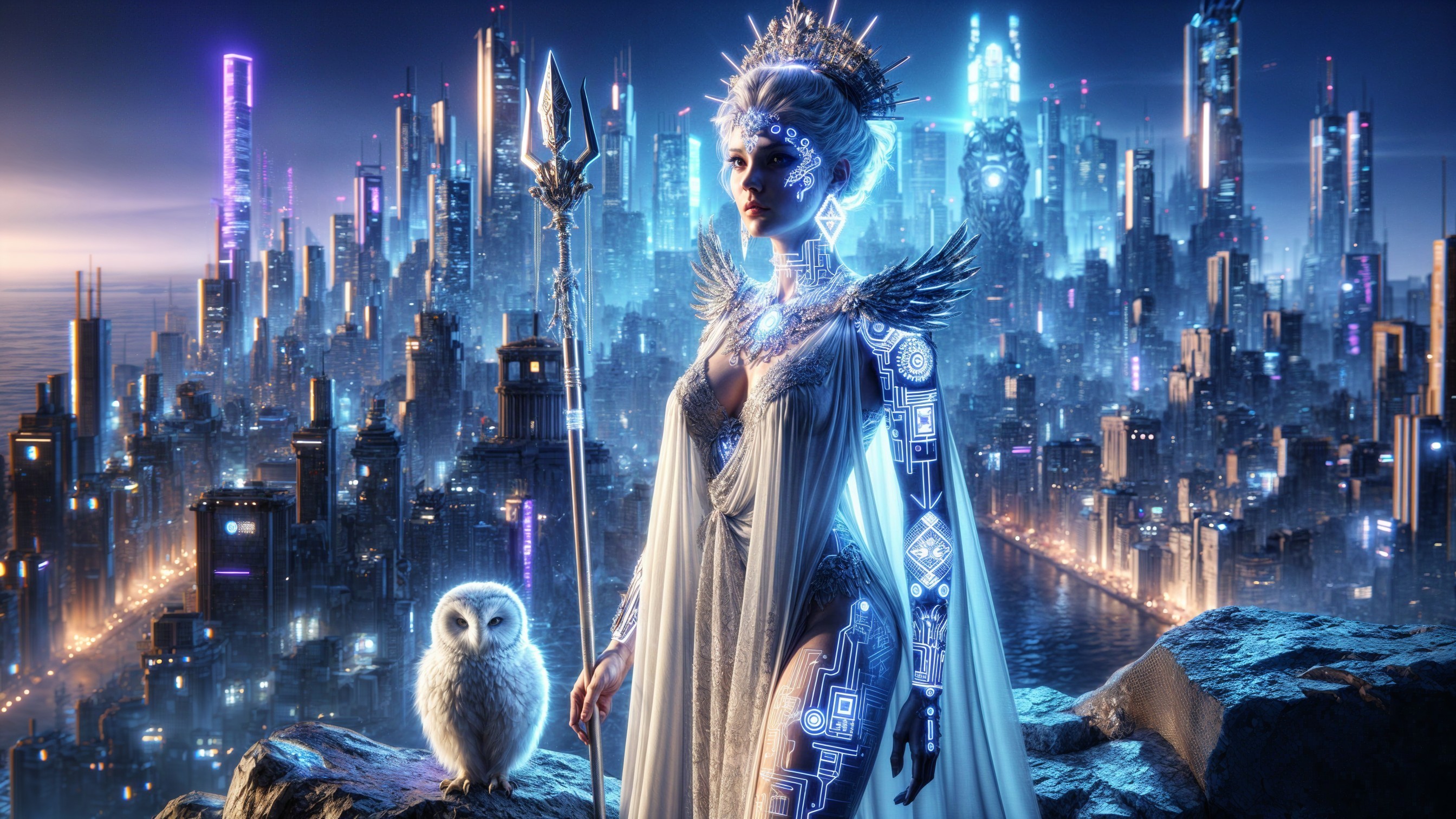 Futuristic queen in a neon-lit cyberpunk cityscape