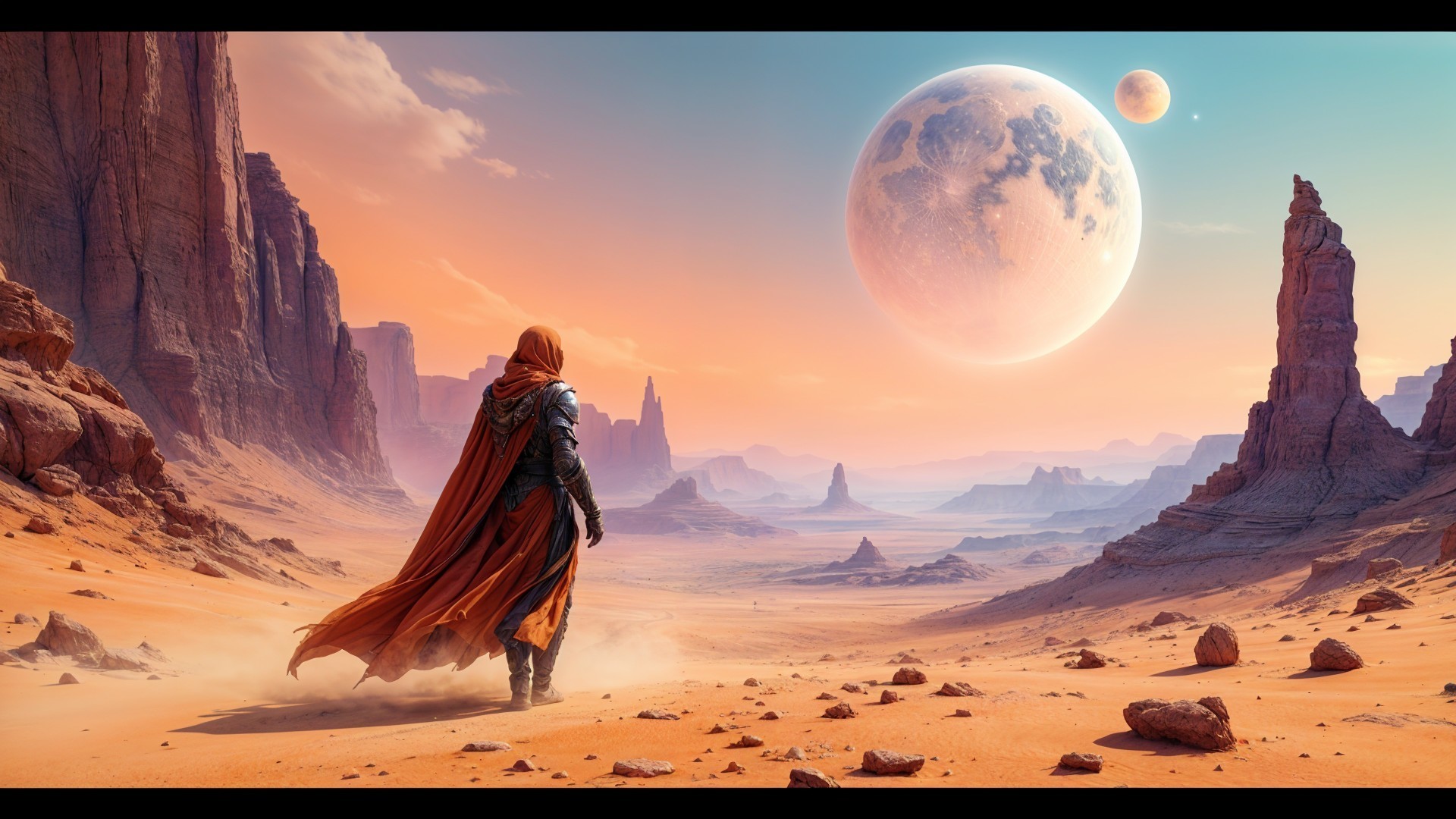 Lone Figure in Red Cape in Surreal Desert Landscape