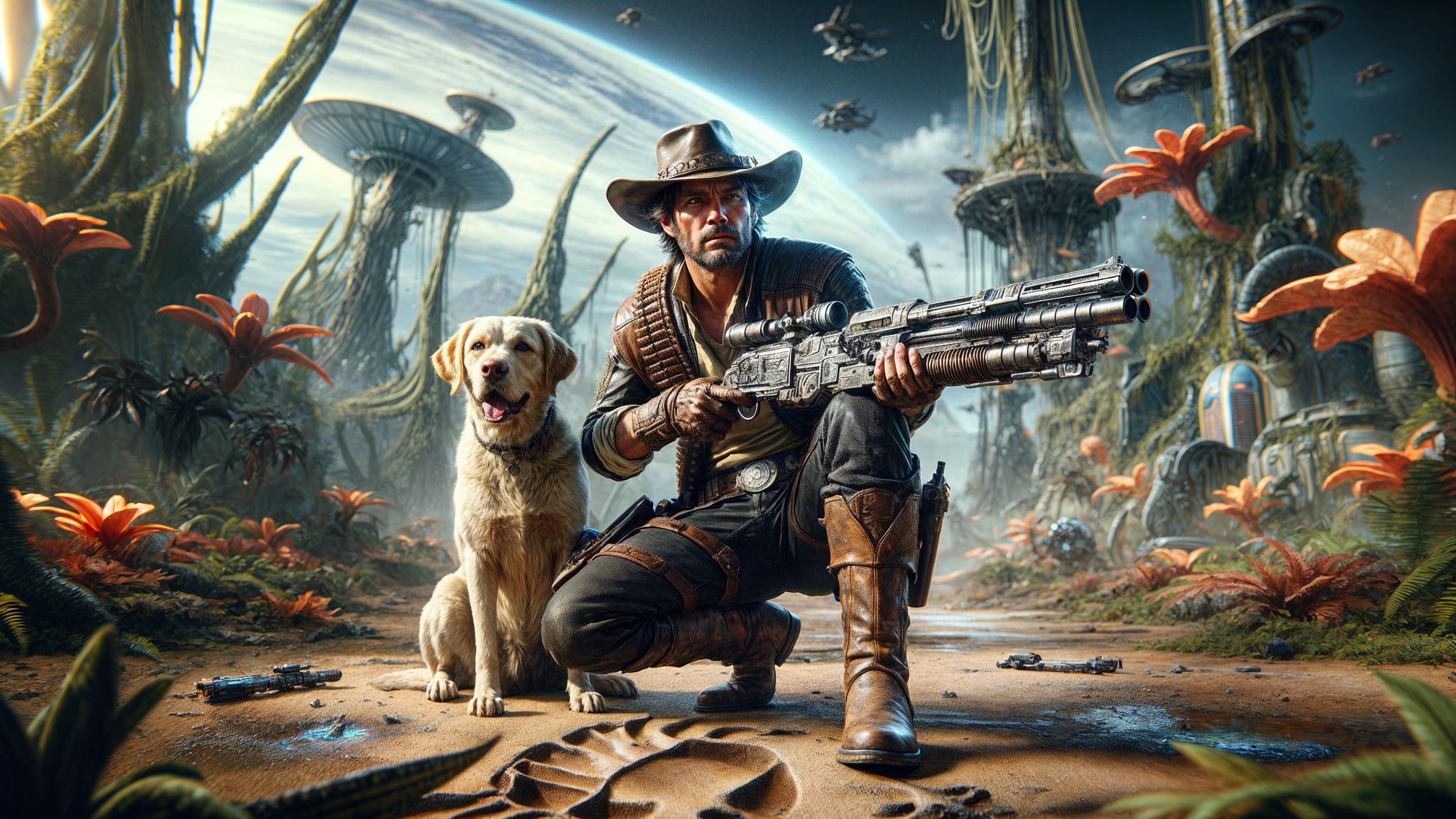 Rugged Explorer and Dog in Alien Landscape Scene