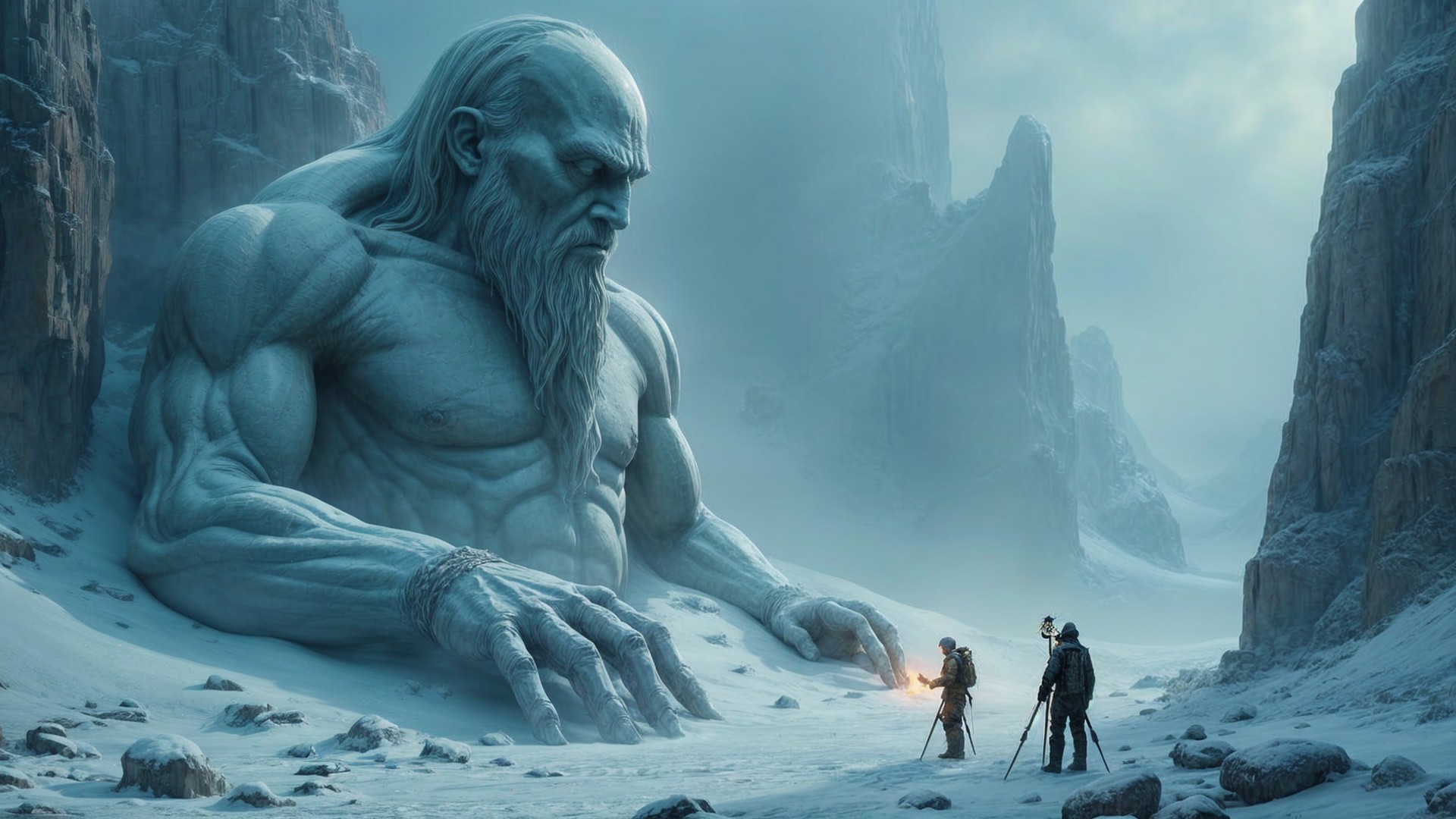 Explorers Encounter Ancient Ice Giant in Frozen Wasteland